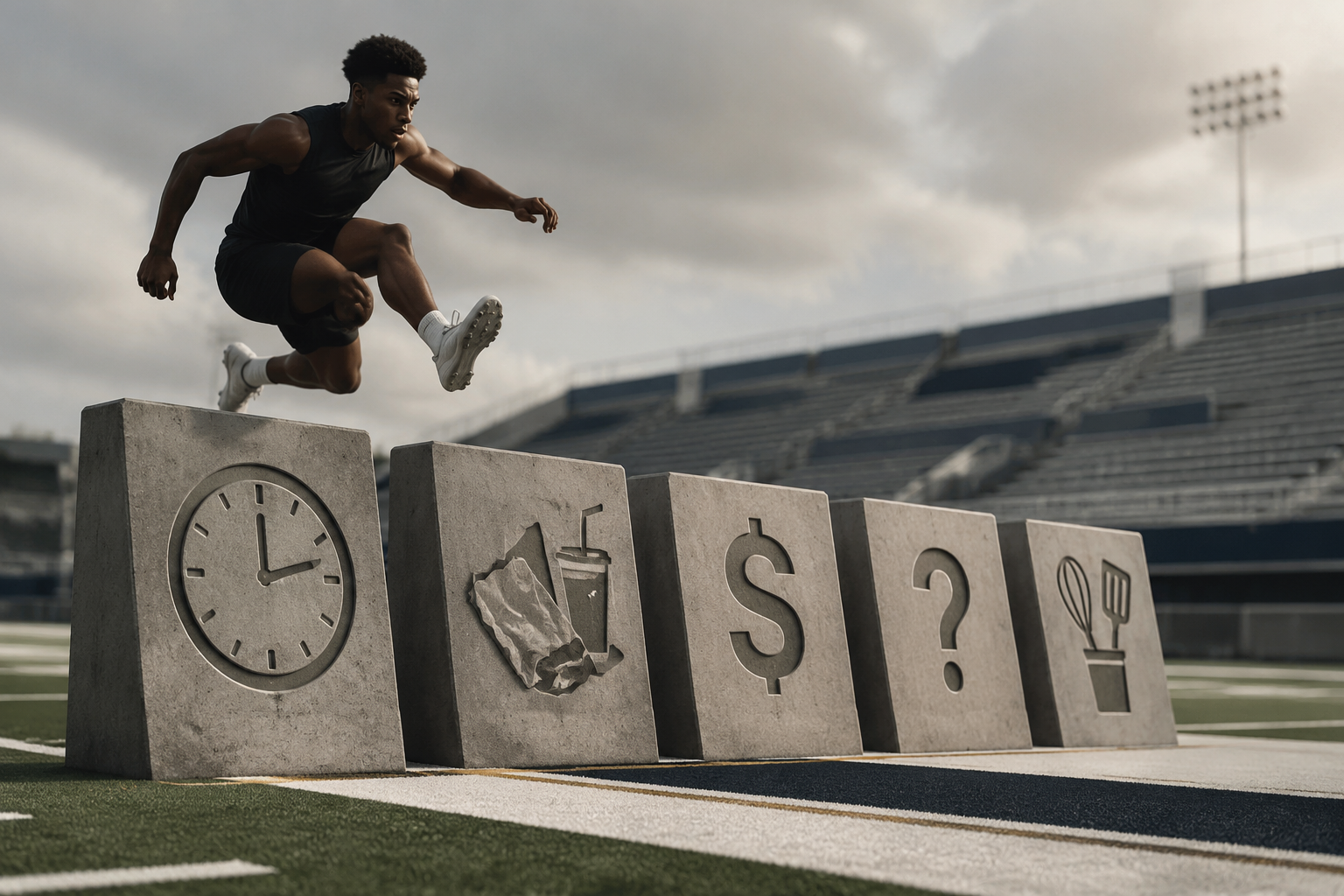 Five obstacle blocks on a football field representing time, food access, cost, knowledge, and cooking barriers