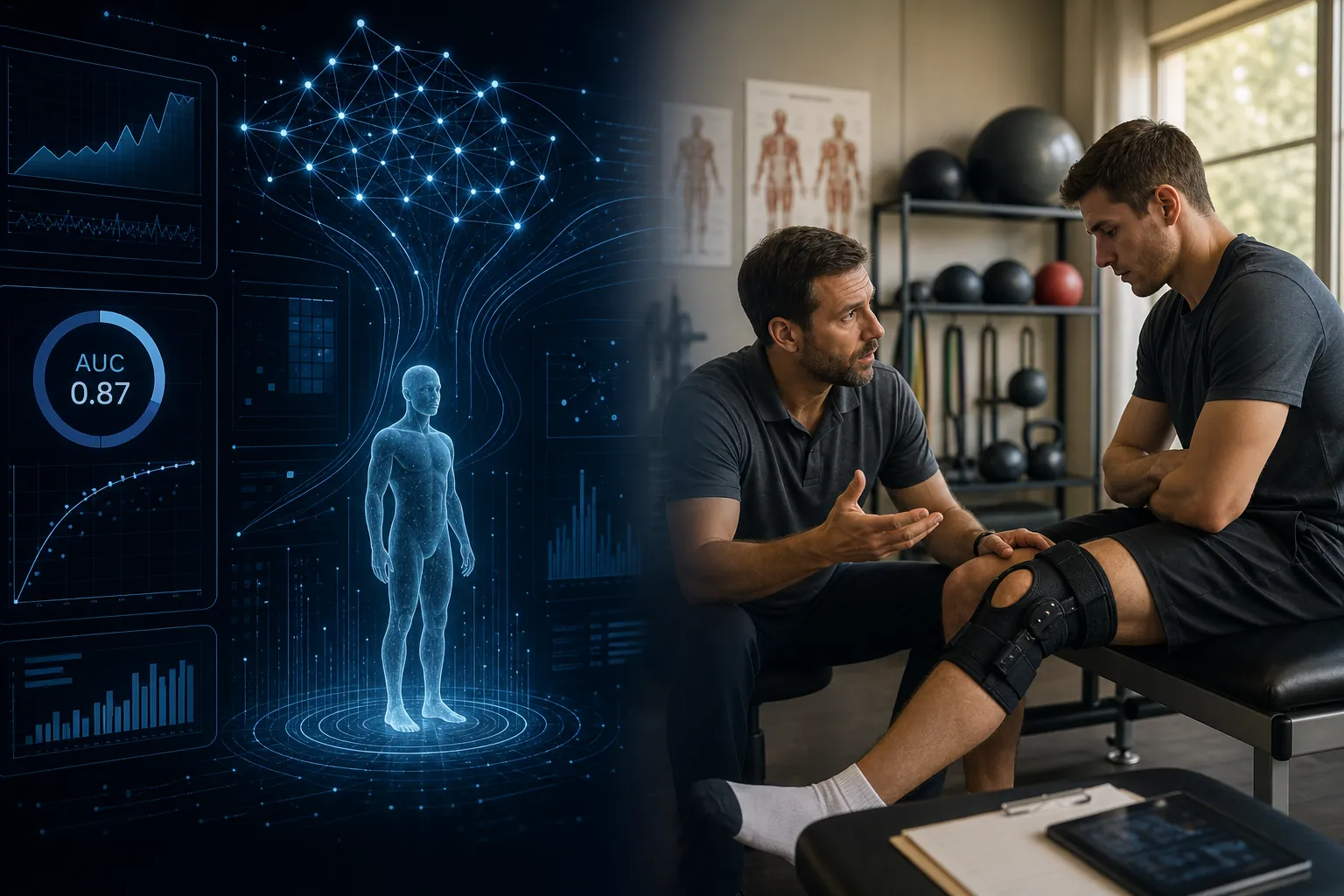 Algorithm dashboard contrasted with a sports medicine rehabilitation scene