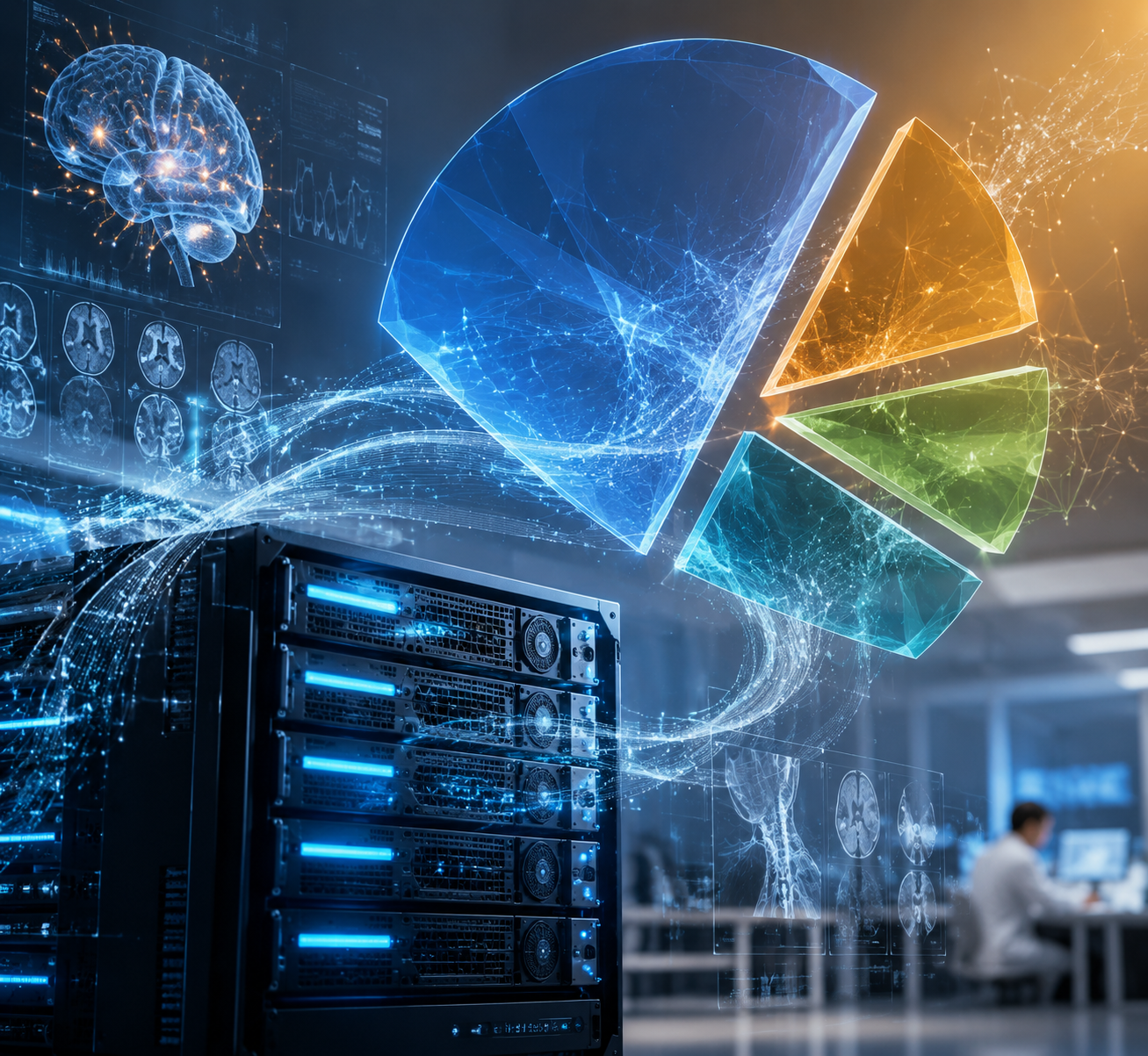 GPU server rack in a medical research setting with dominant and emerging market-share shapes connected to MRI-like data streams