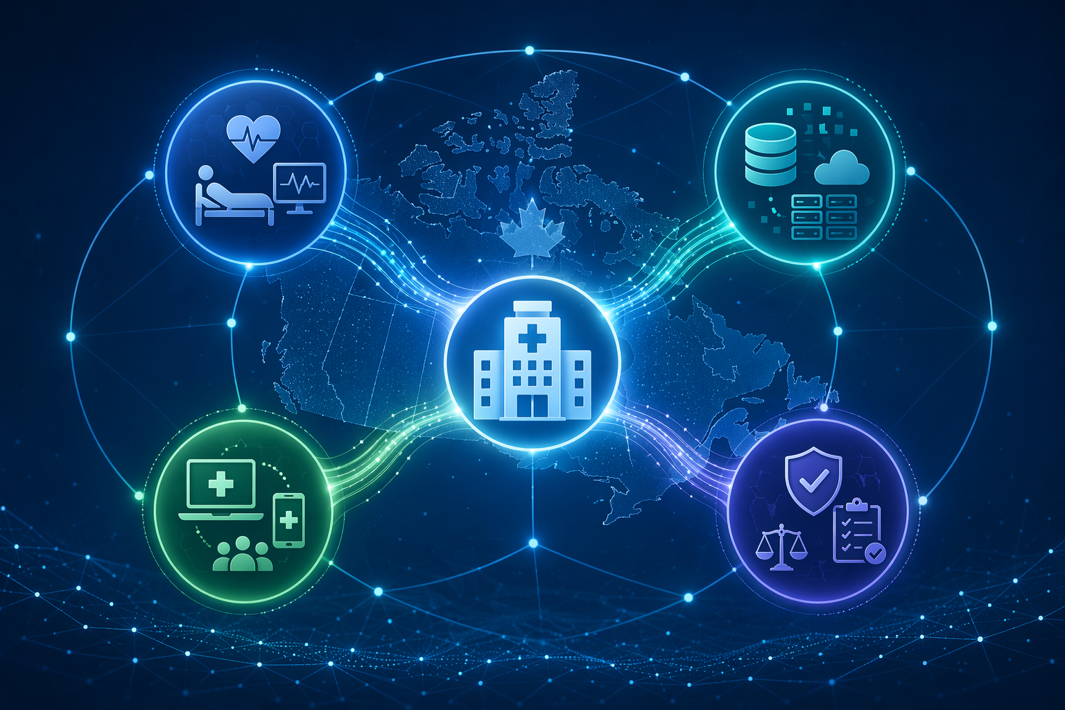 Interconnected hubs representing clinical outcomes, data infrastructure, health platform expansion, and AI governance