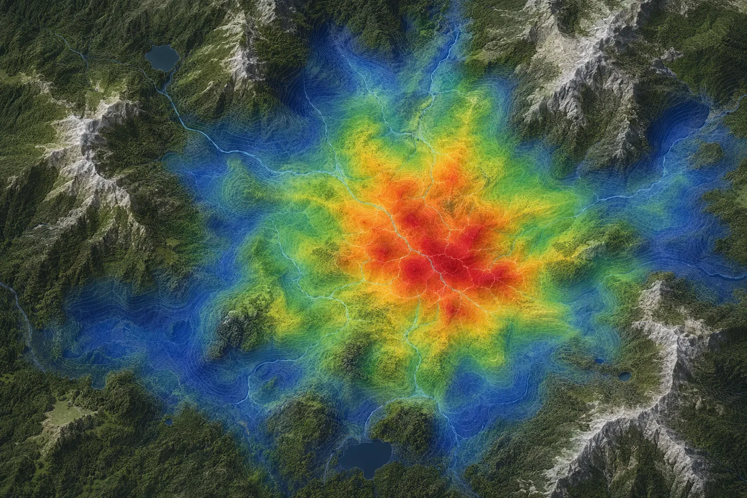 Mountain forest terrain map overlaid with a probability heat map showing prioritized search zones
