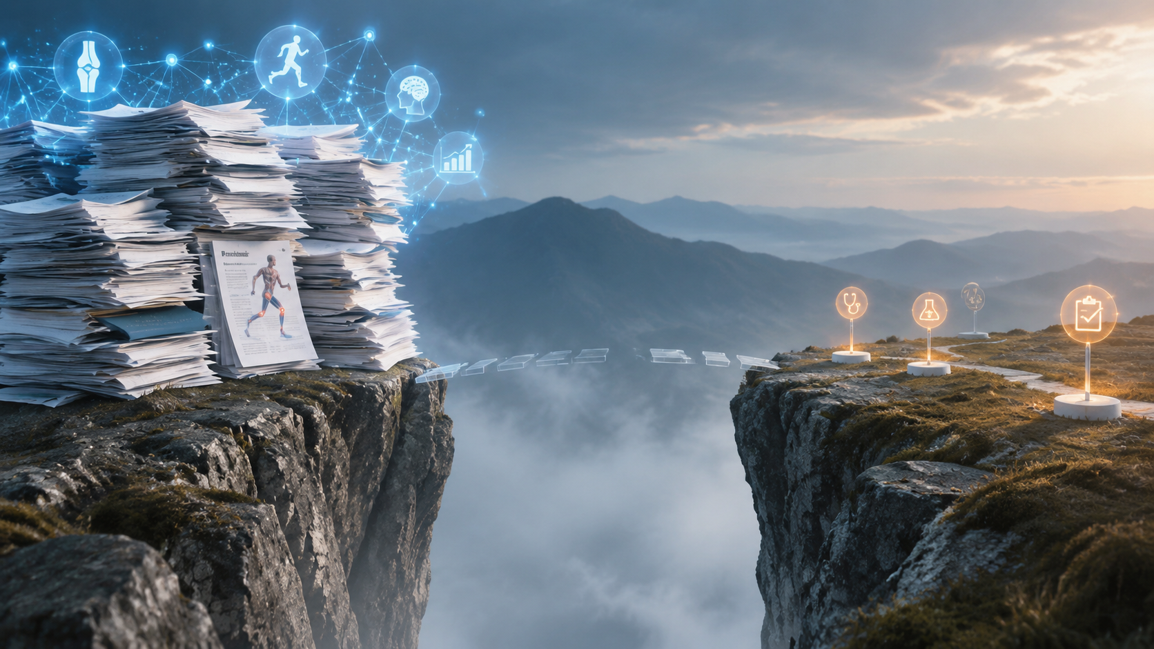 A stack of research papers linked by blue data nodes beside a sparse landscape of validated checkpoints