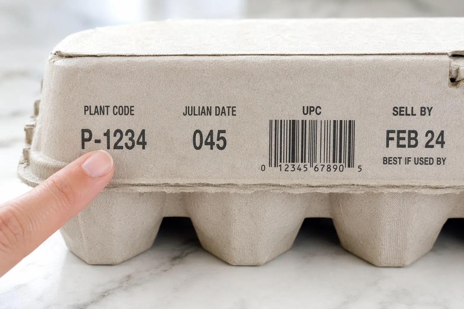 Close-up of an egg carton side panel showing a plant code, Julian date, UPC barcode, and sell-by date