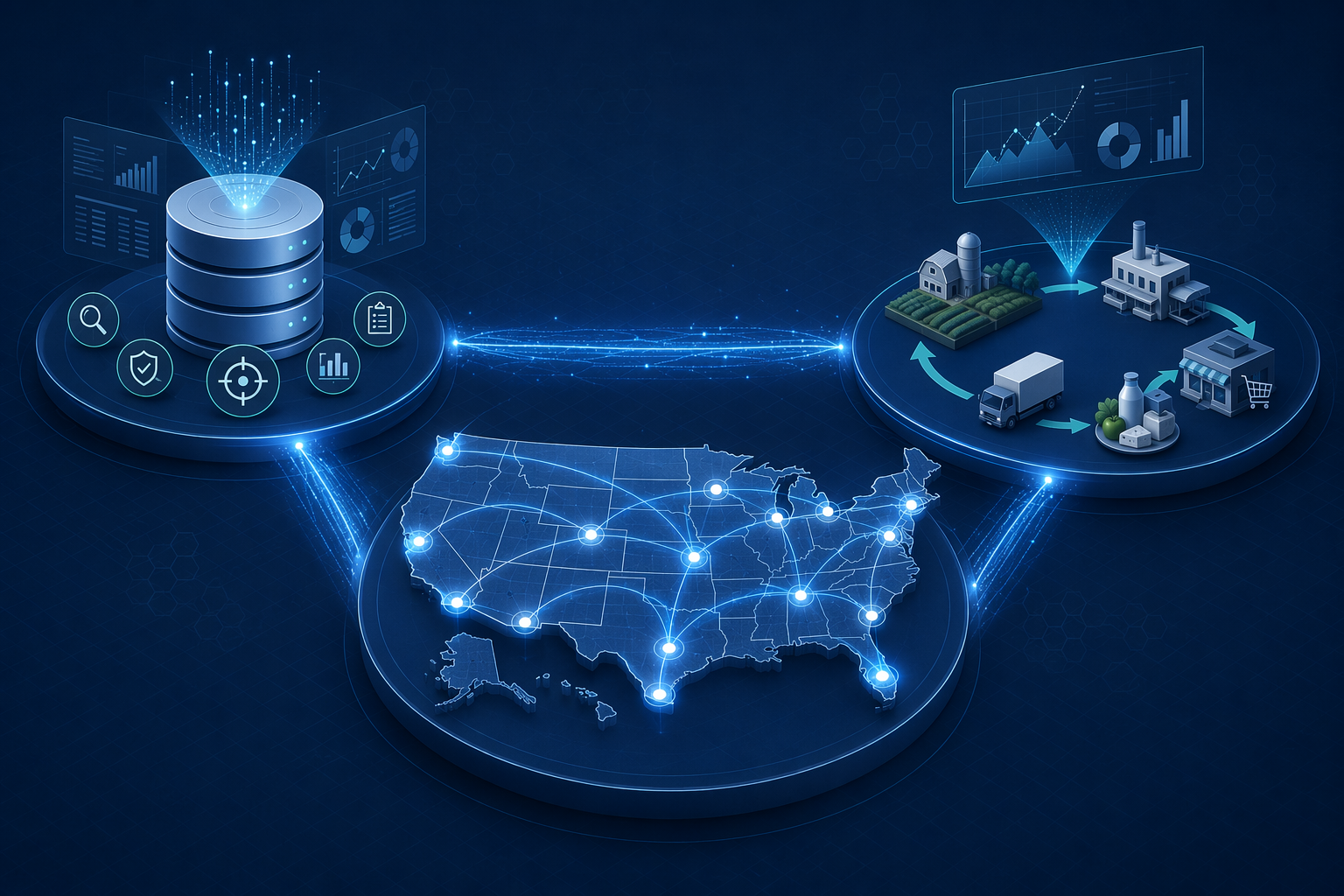Three connected zones showing FDA AI food safety systems for inspection targeting, port screening, and food supply chain analytics