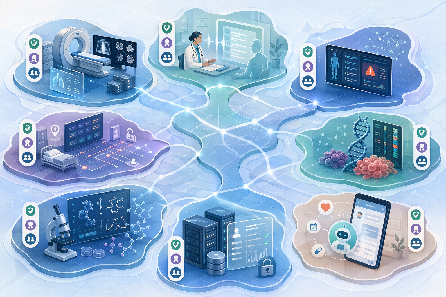 Eight distinct healthcare AI functions connected in a map with evidence icons for regulatory clearance and peer review