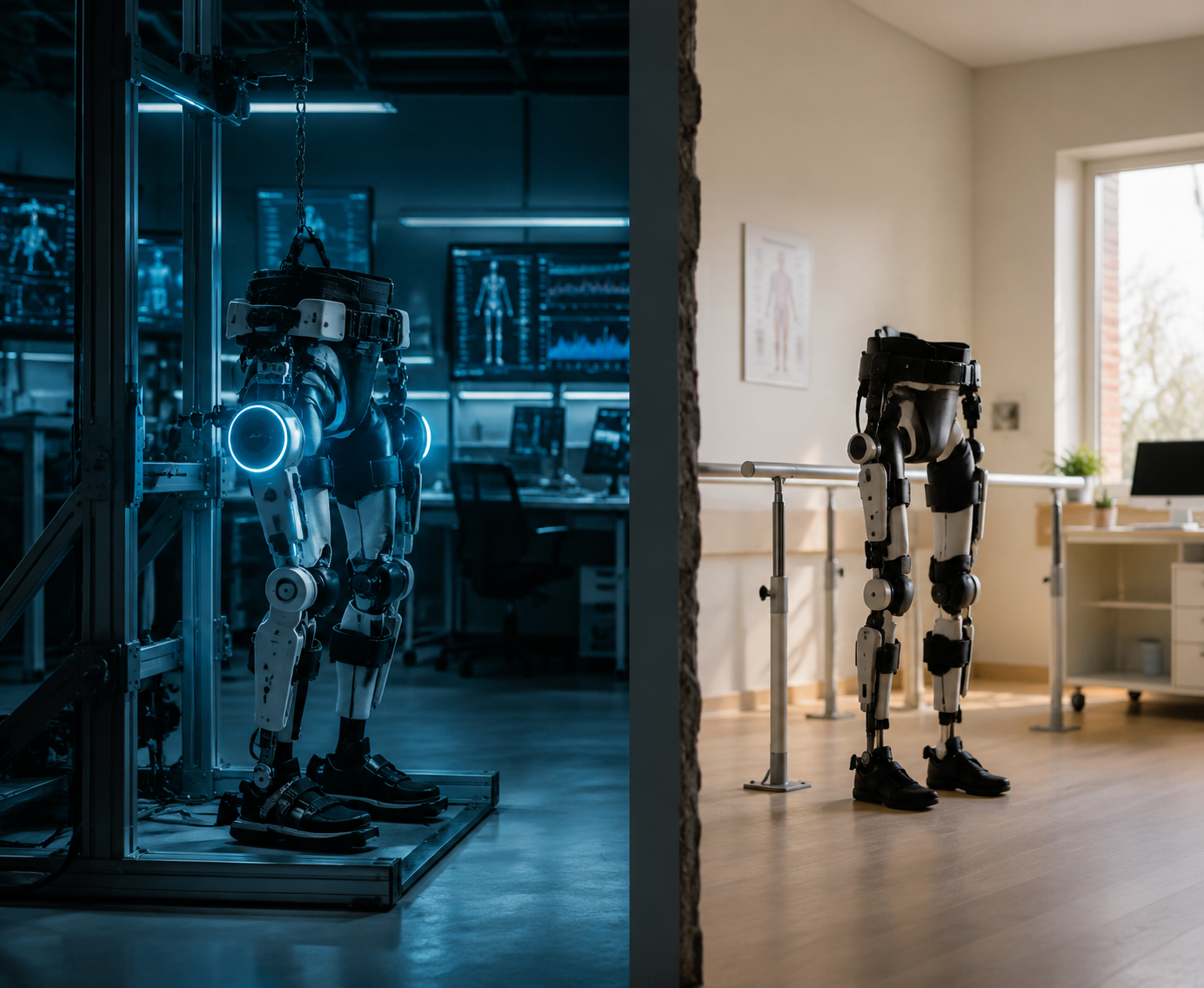 Split image contrasting an AI exoskeleton research lab with a physical therapy clinic