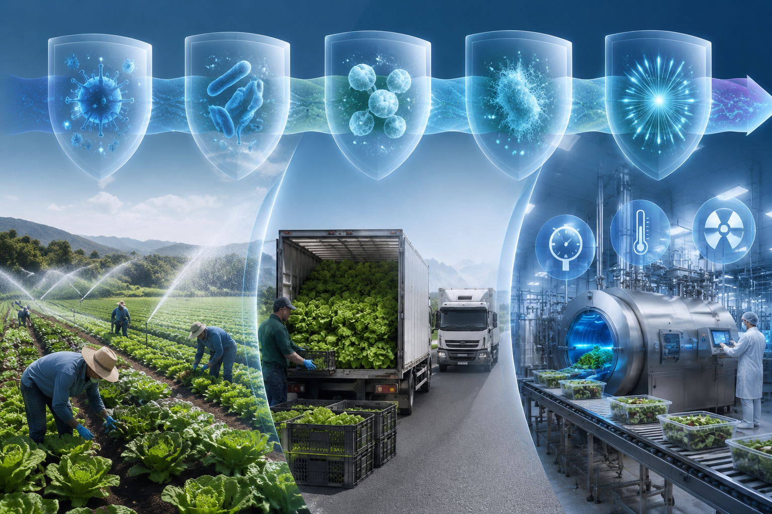 Farm-to-fork continuum showing irrigation, harvested produce, and processing controls