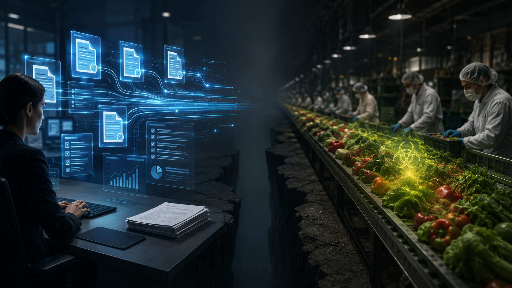 Split scene showing AI label-checking interfaces on one side and fresh produce with a faint biohazard glow spreading through a food supply chain on the other