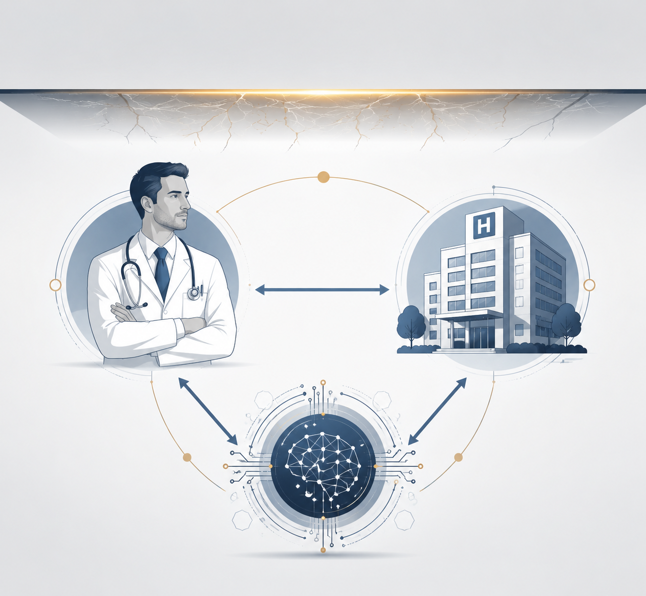 Physician, hospital, and AI developer connected under a damage cap barrier