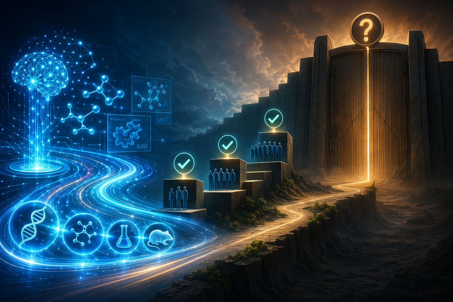 Drug development pipeline from AI discovery through early clinical phases toward an uncertain Phase III gate