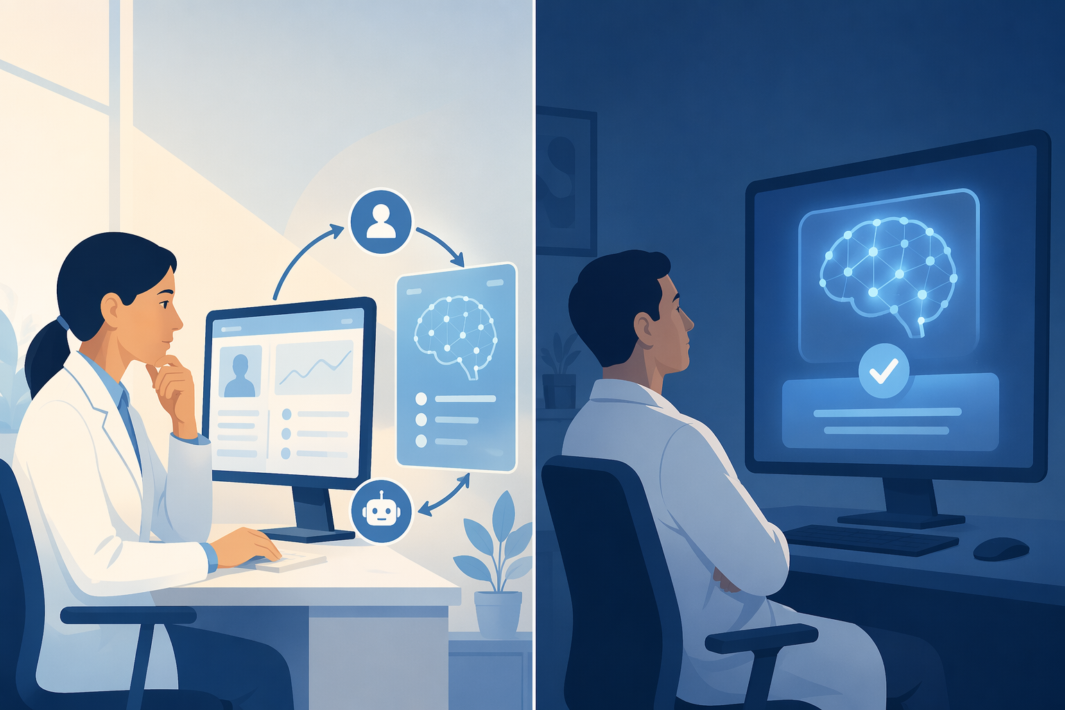 Illustration comparing clinician oversight of AI with passive over-reliance on AI output