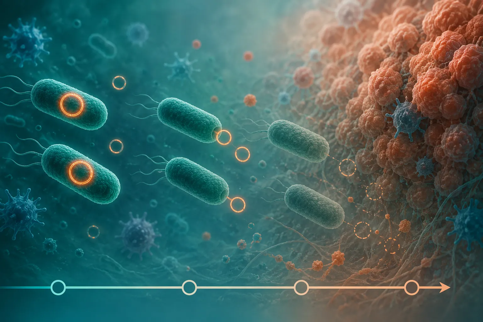 Engineered bacteria approaching a tumor while plasmid elements detach and fade