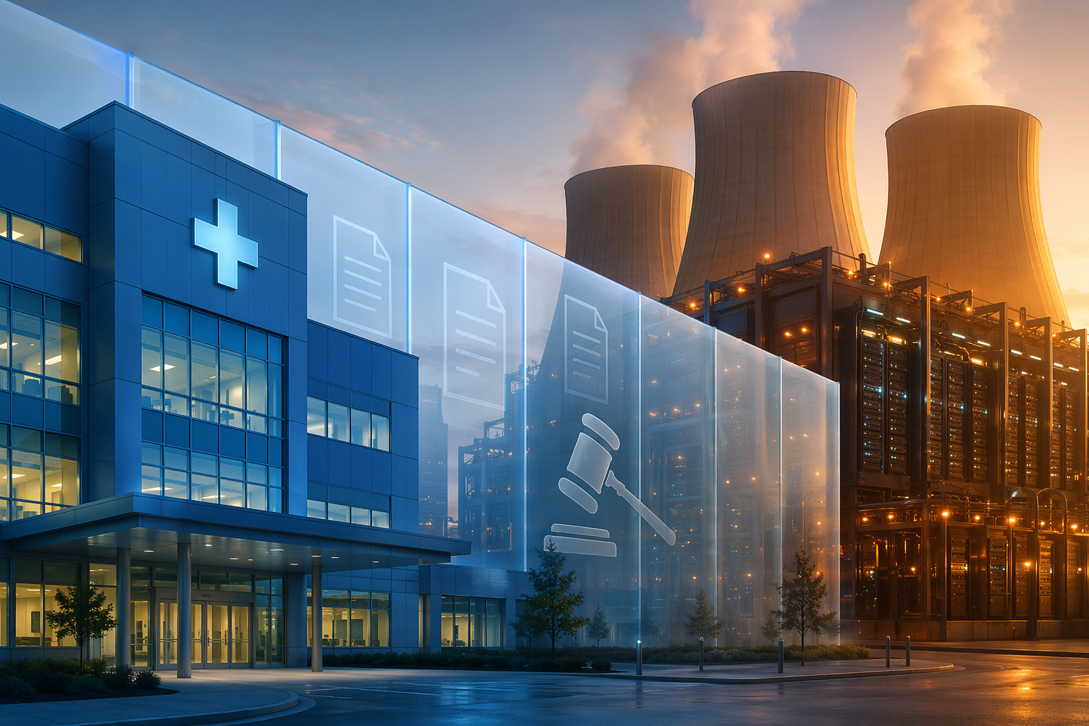 Hospital building with data center infrastructure behind a translucent regulatory barrier