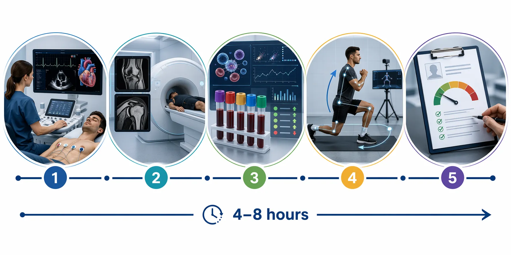 Infographic of a professional sports transfer medical sequence from cardiovascular screening through MRI, bloodwork, functional movement assessment, and same-day decision