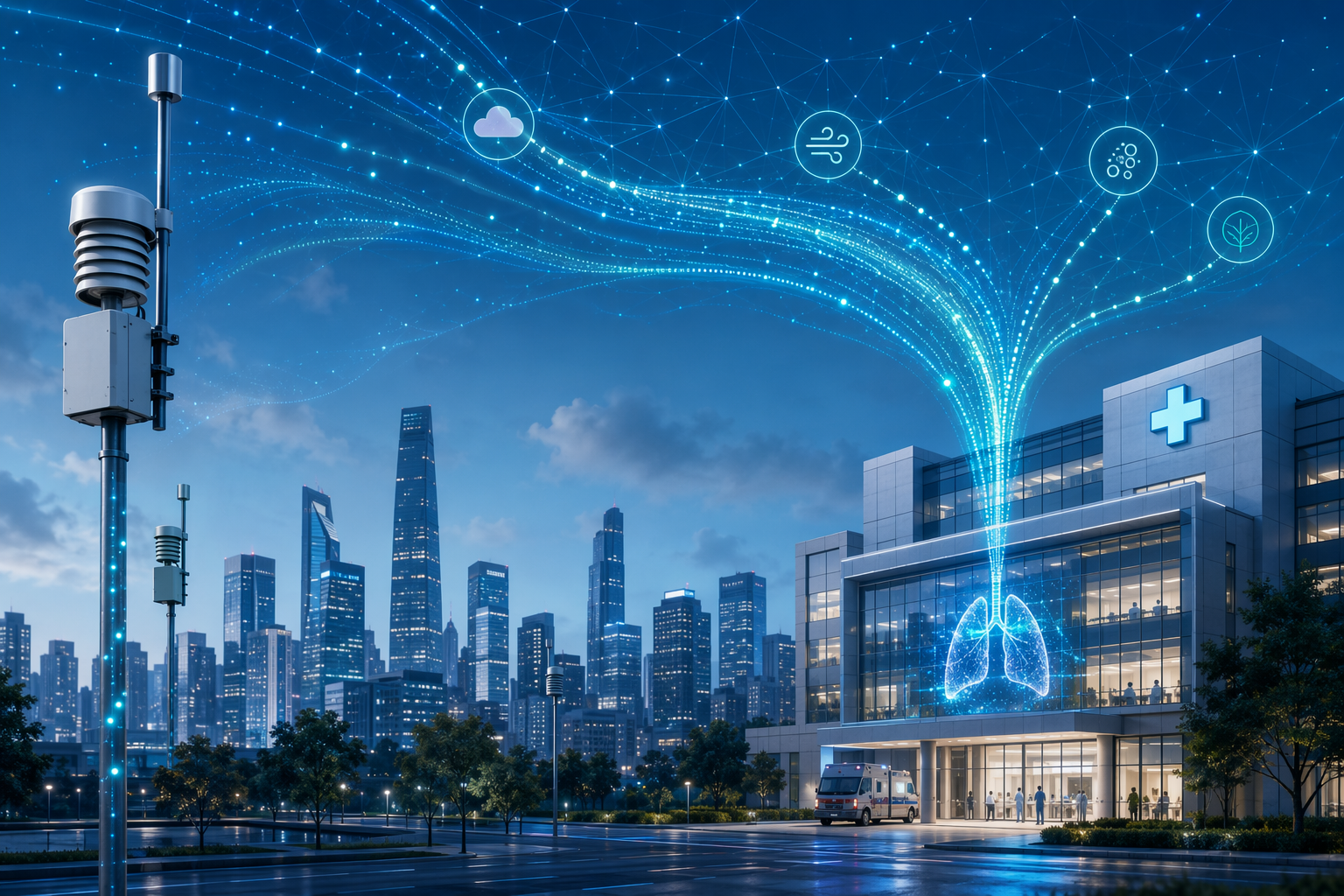 City air quality sensor data flowing into a hospital to support AI-driven respiratory care planning