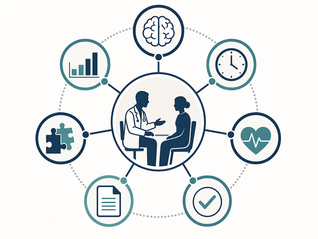 Evaluation framework connecting a doctor-patient encounter to cognitive burden, time, documentation, EHR integration, and revenue cycle measures