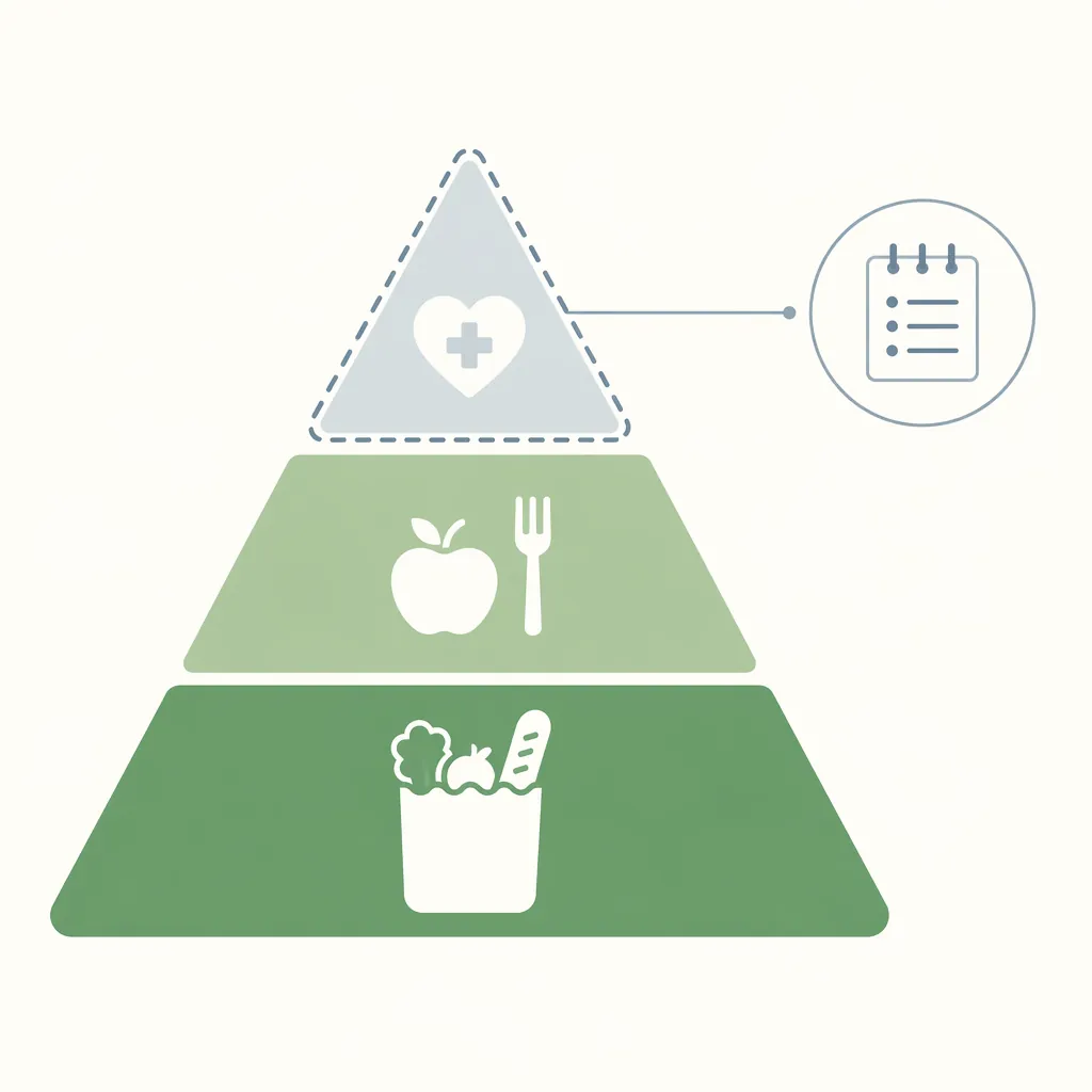 Three-tier evidence pyramid with grocery bag, apple and fork, and dashed clinical health icon