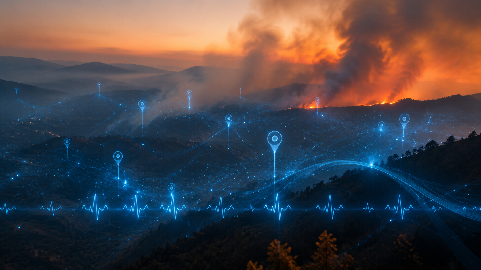 Smoky mountain landscape with wildfire haze and clinical data network overlay