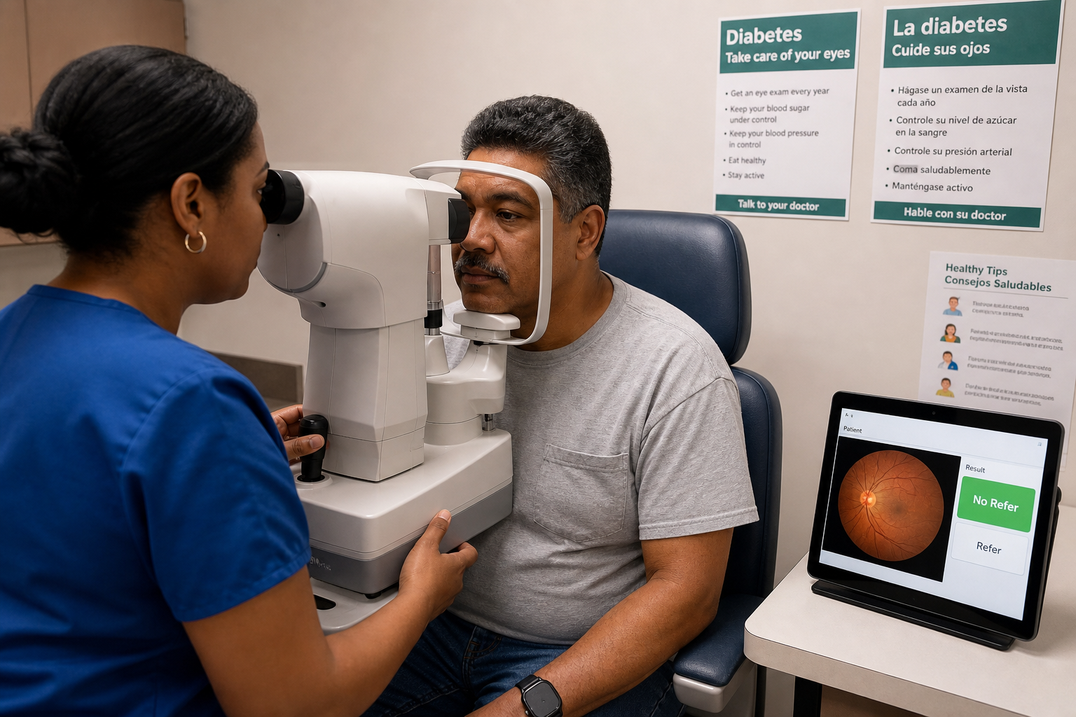 A medical assistant operates a non-mydriatic fundus camera for a Latino patient in a community health center primary care room, with a tablet showing a retinal image and triage indicator in the background.
