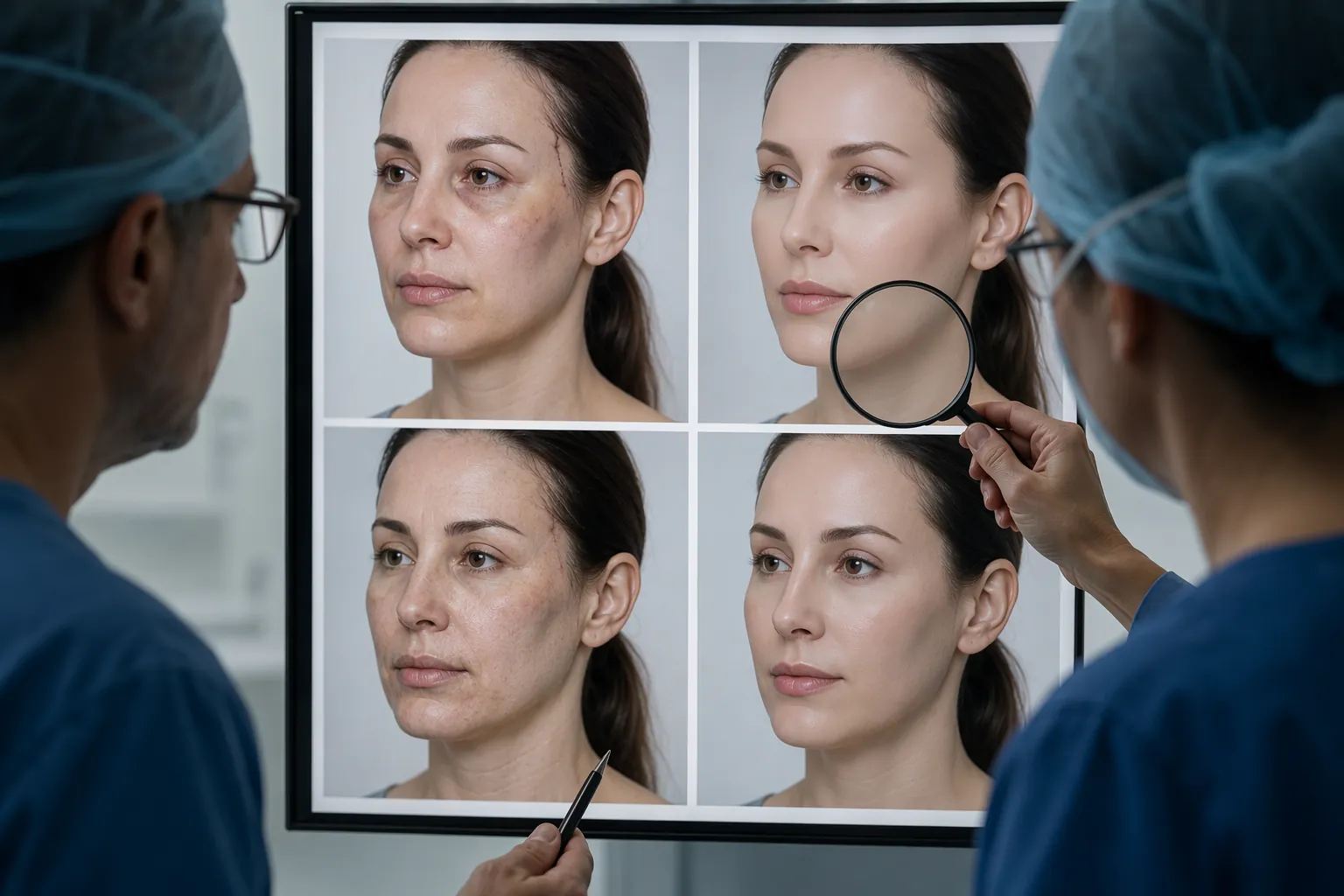 Grid of facial after-images showing realistic postoperative changes, overly smooth skin, uncanny texture distortion, and unintended nose and brow alterations under surgeon evaluation