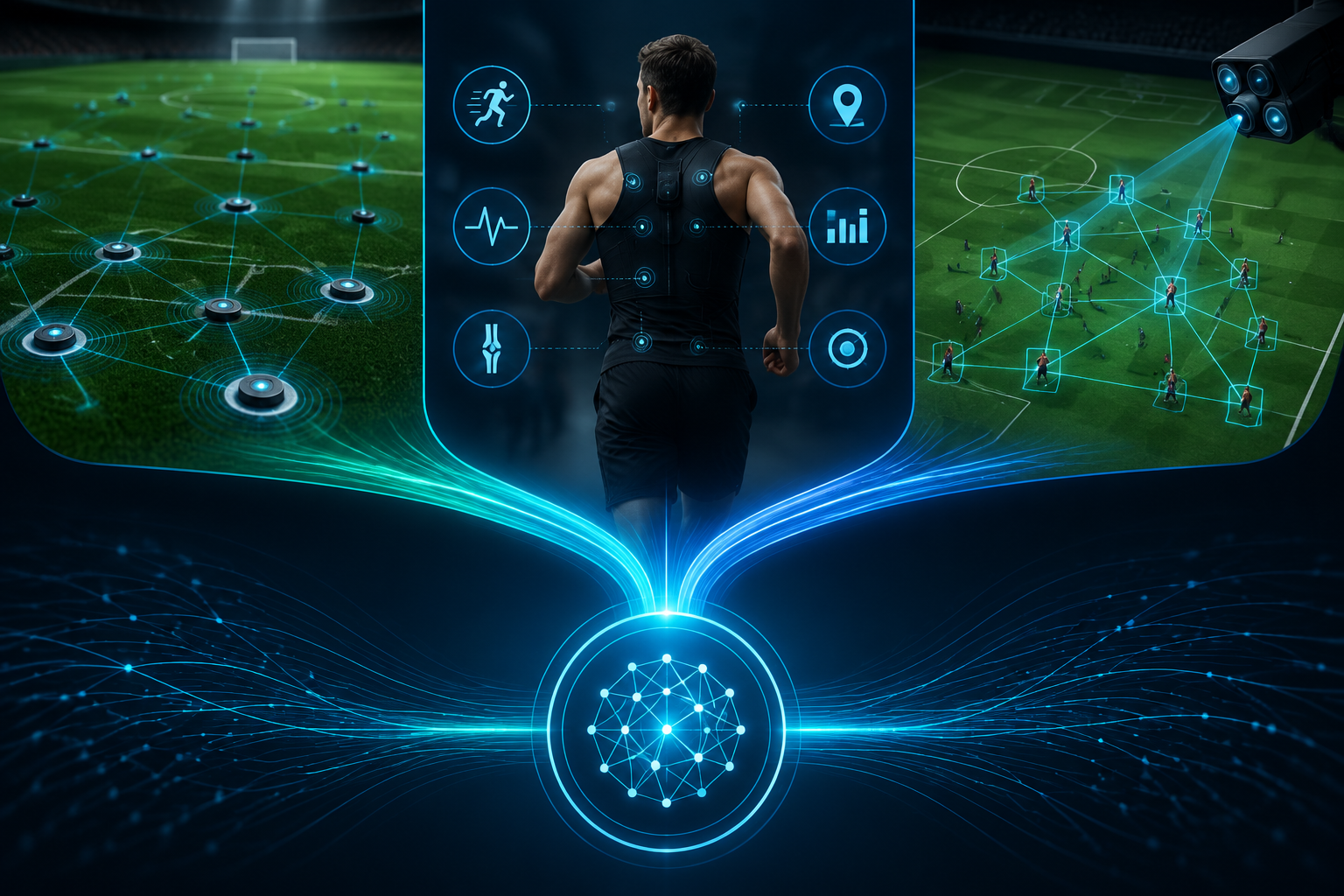 Diagram of turf sensors, wearable athlete metrics, and computer vision data converging into an AI system
