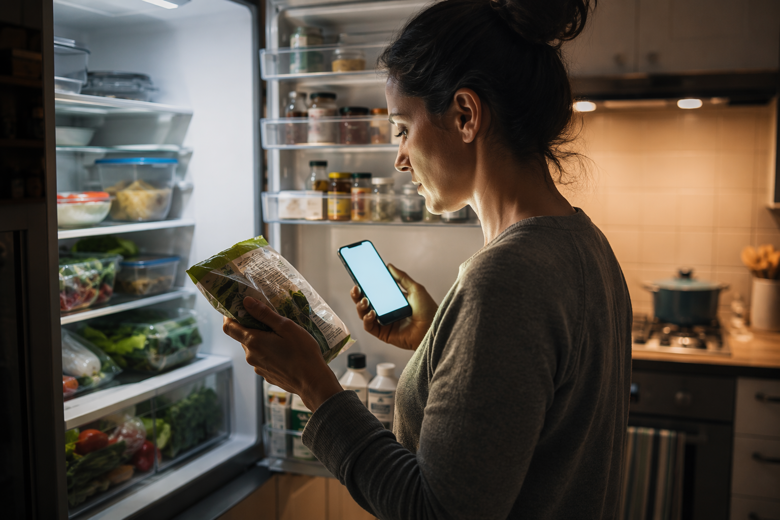 A parent checks a smartphone recall alert while examining a packaged food item beside an open refrigerator