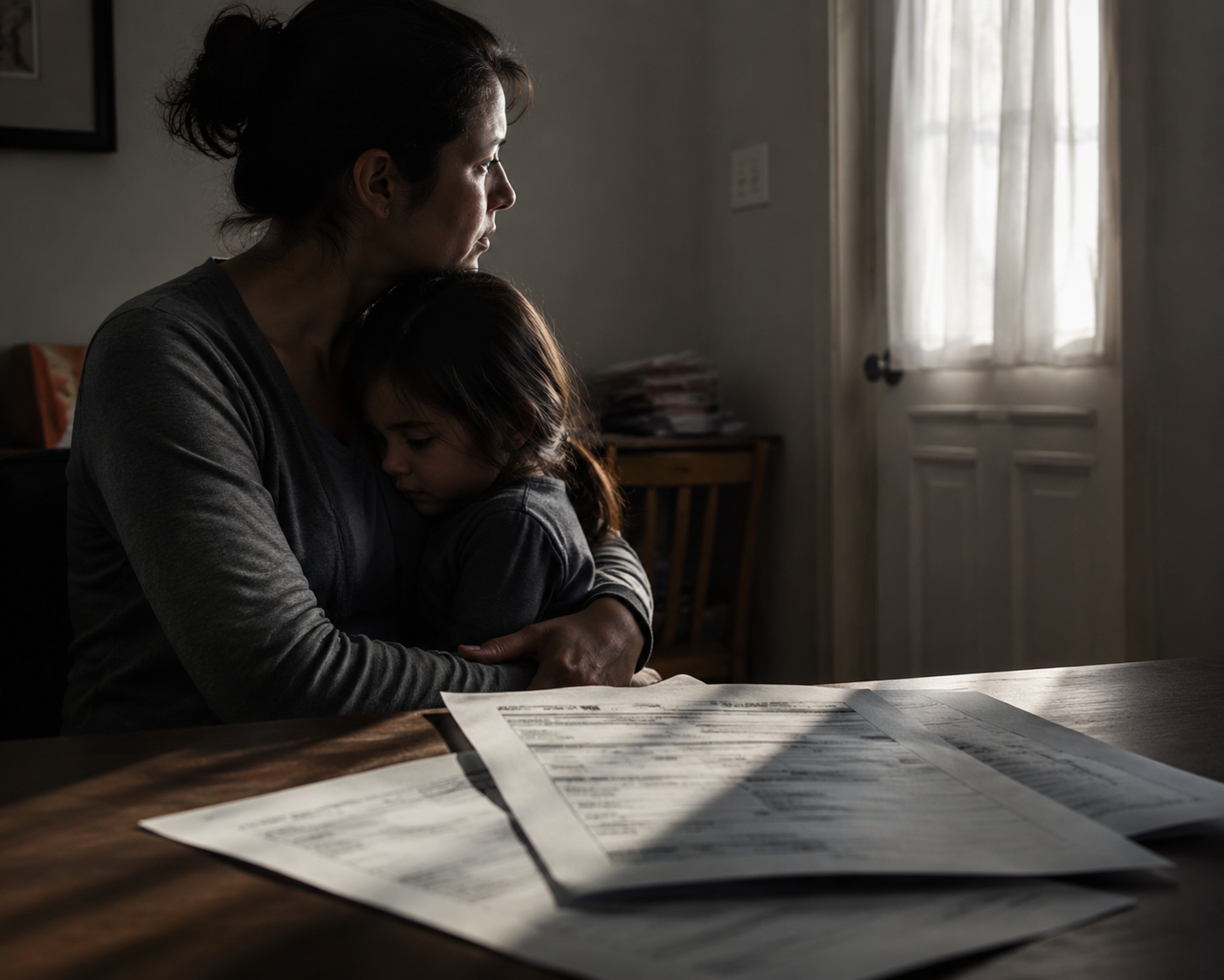 Mother and young child near a doorway with government forms on a table