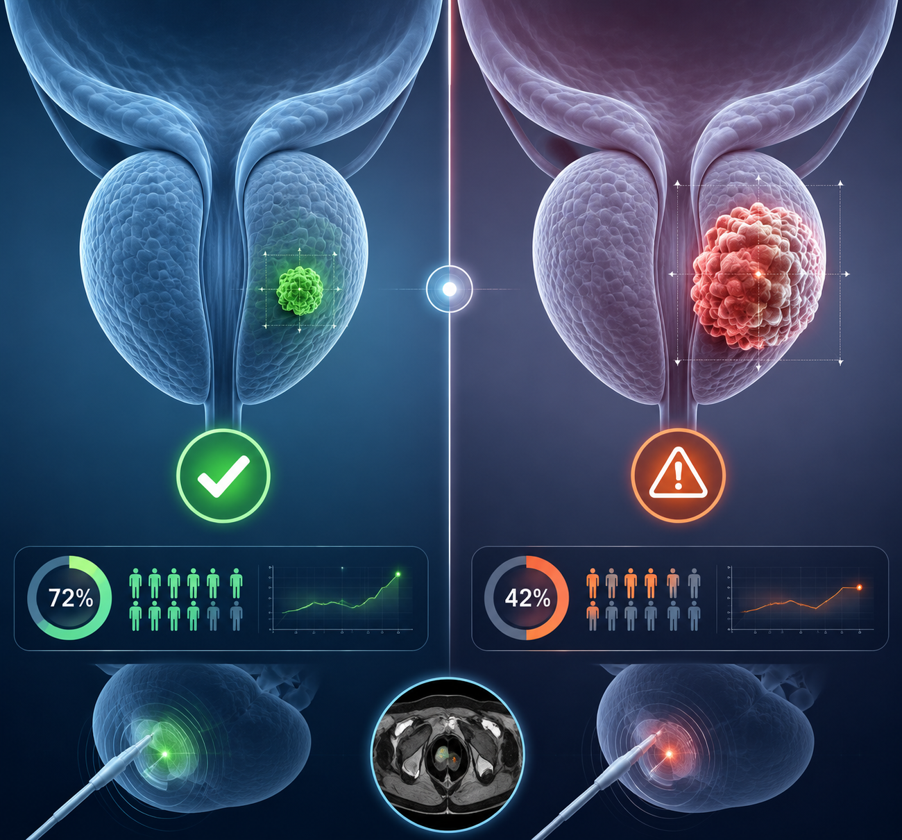 Prostate cancer treatment decision boundary showing eligibility and caution indicators with 72% and 42% data references