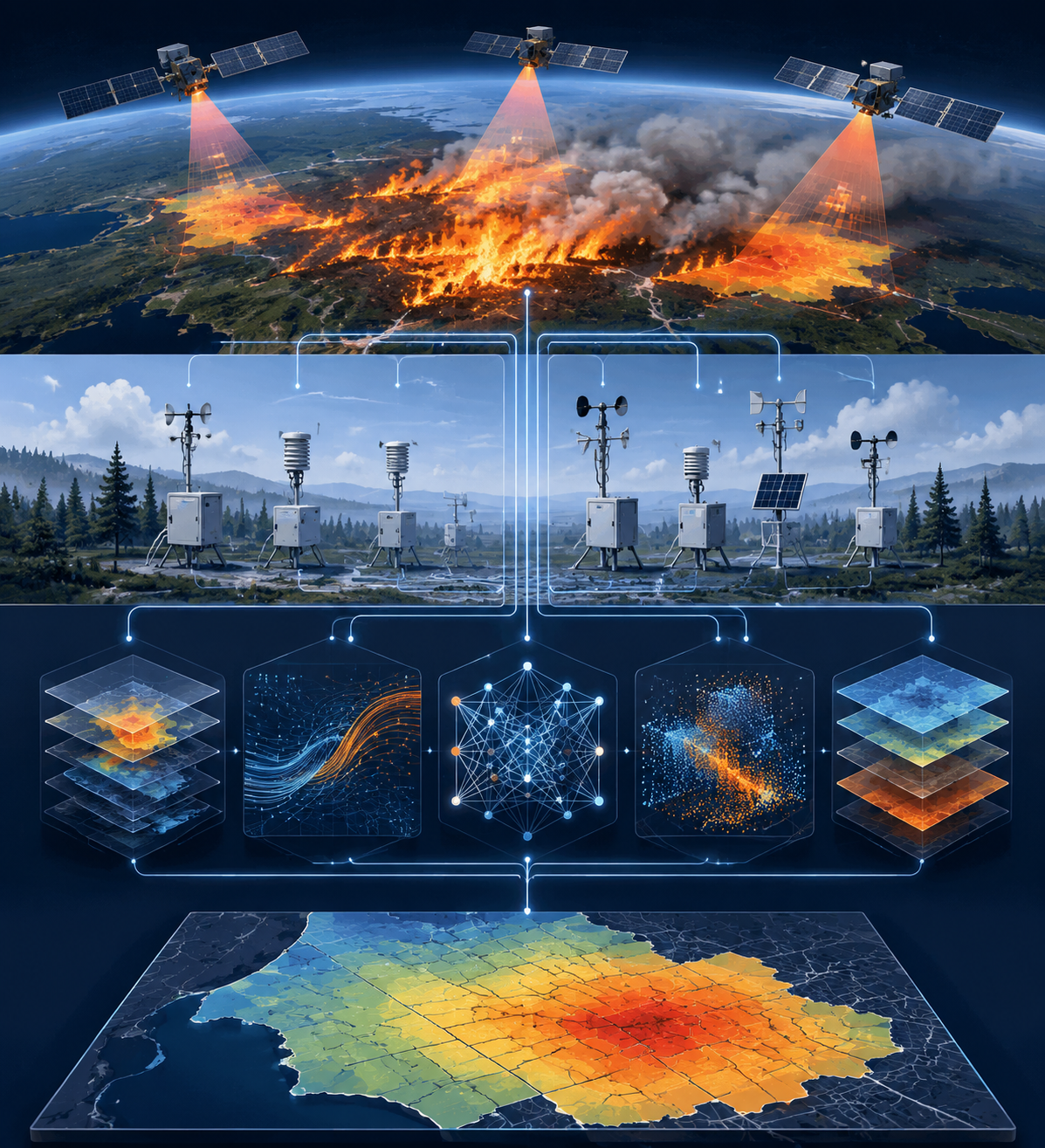 Infographic showing satellites, ground-based sensors, and computer models producing zip-code-level wildfire smoke exposure estimates