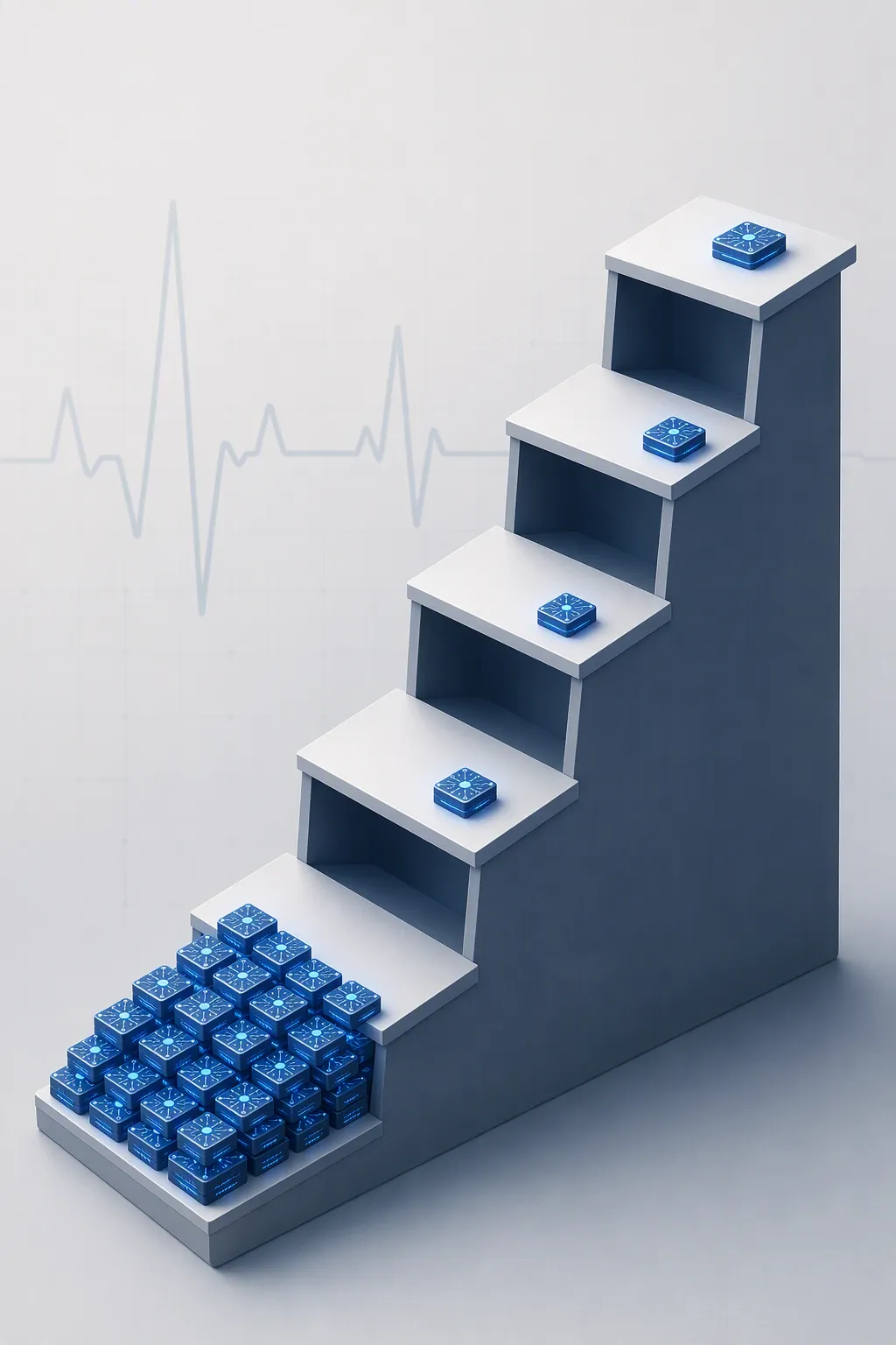 Evidence maturity staircase with many retrospective studies at the bottom and few studies near external validation and randomized trials