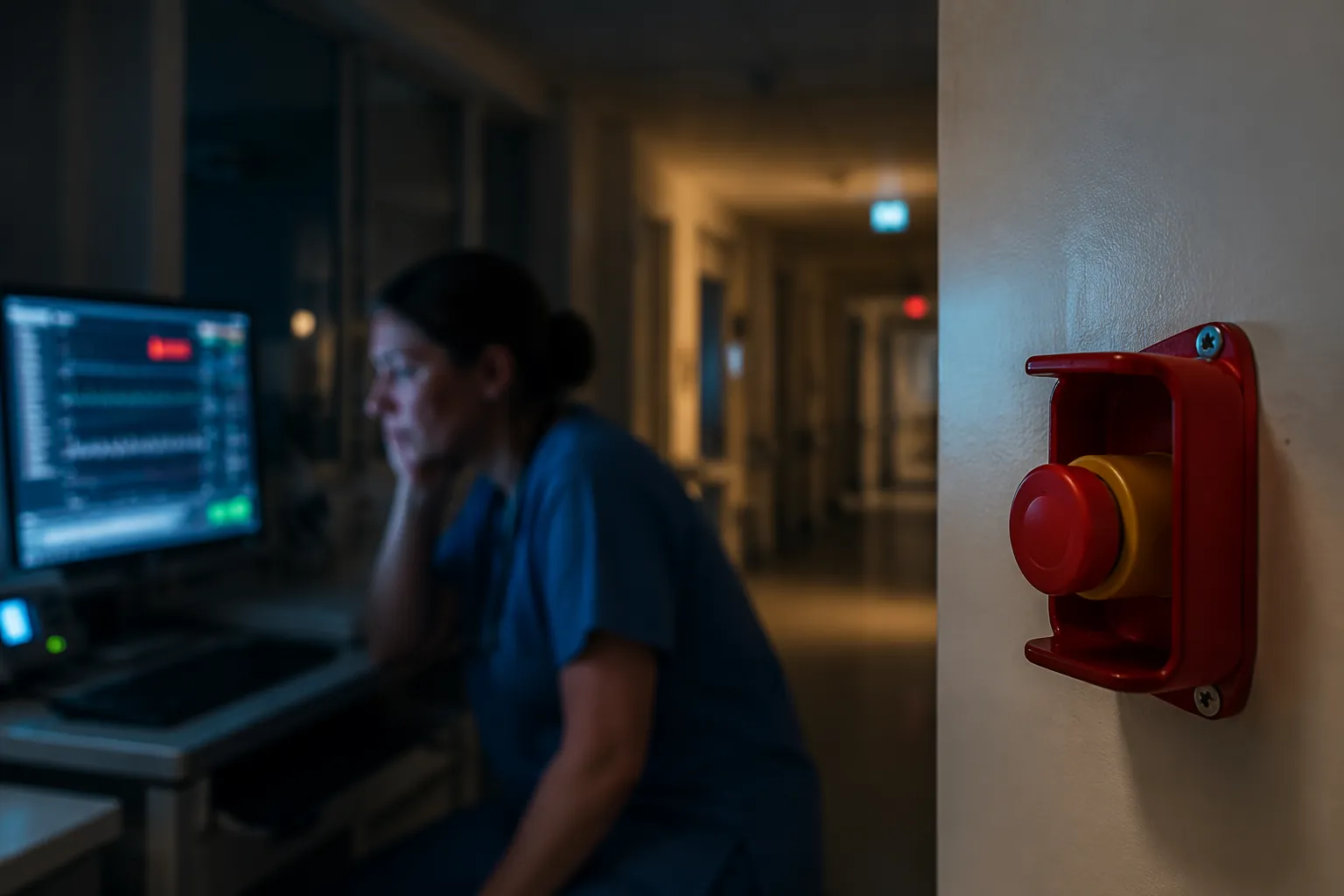 A red emergency kill-switch button in a hospital hallway while a tired clinician watches a patient monitor at night