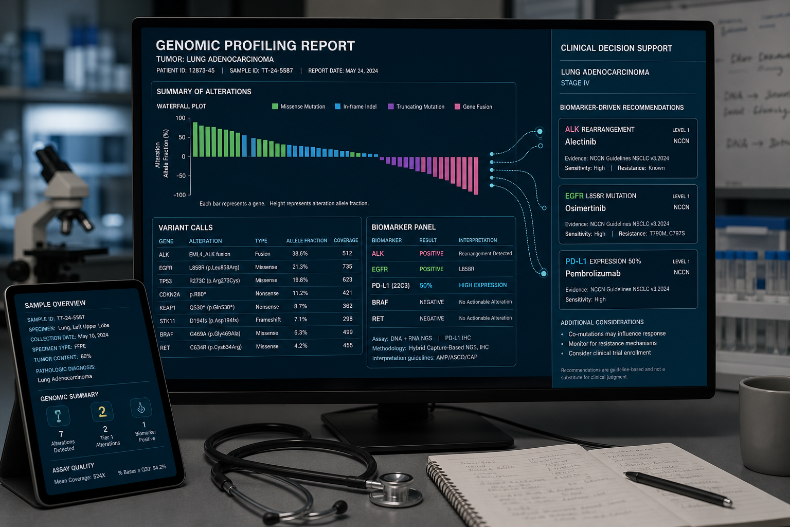 Clinical oncology workstation displaying a genomic profiling report with a waterfall plot of gene alterations and a biomarker panel showing ALK, EGFR, PD-L1, BRAF, and RET.