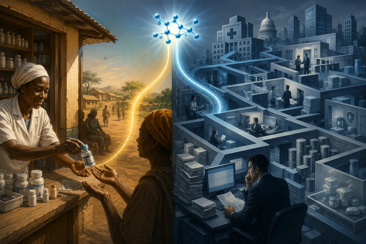 A glowing protein branching toward a rural clinic and a complex urban hospital maze