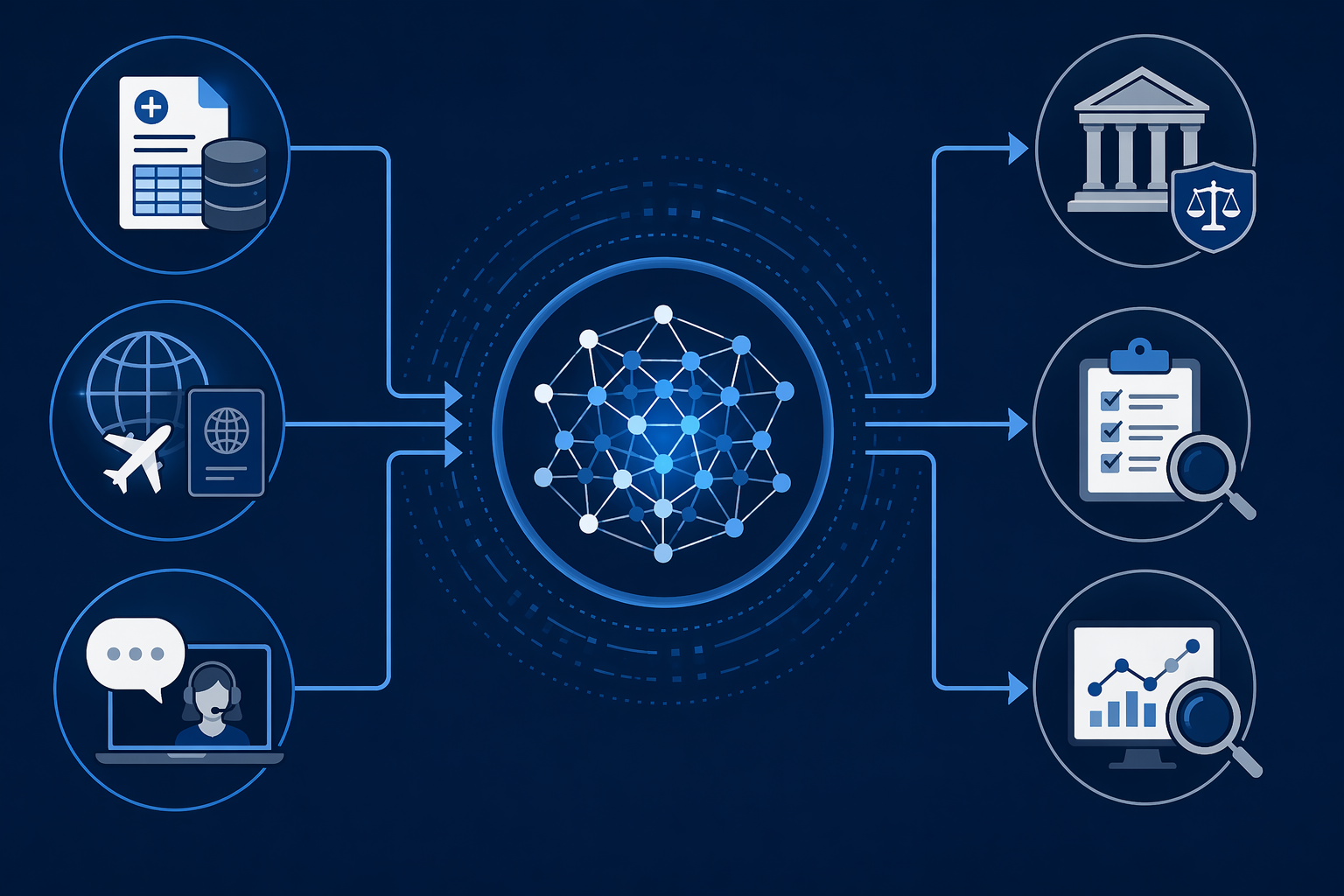 Multi-agency data flow diagram with CMS claims data, DHS travel records, and FTC consumer complaints feeding an AI enforcement node