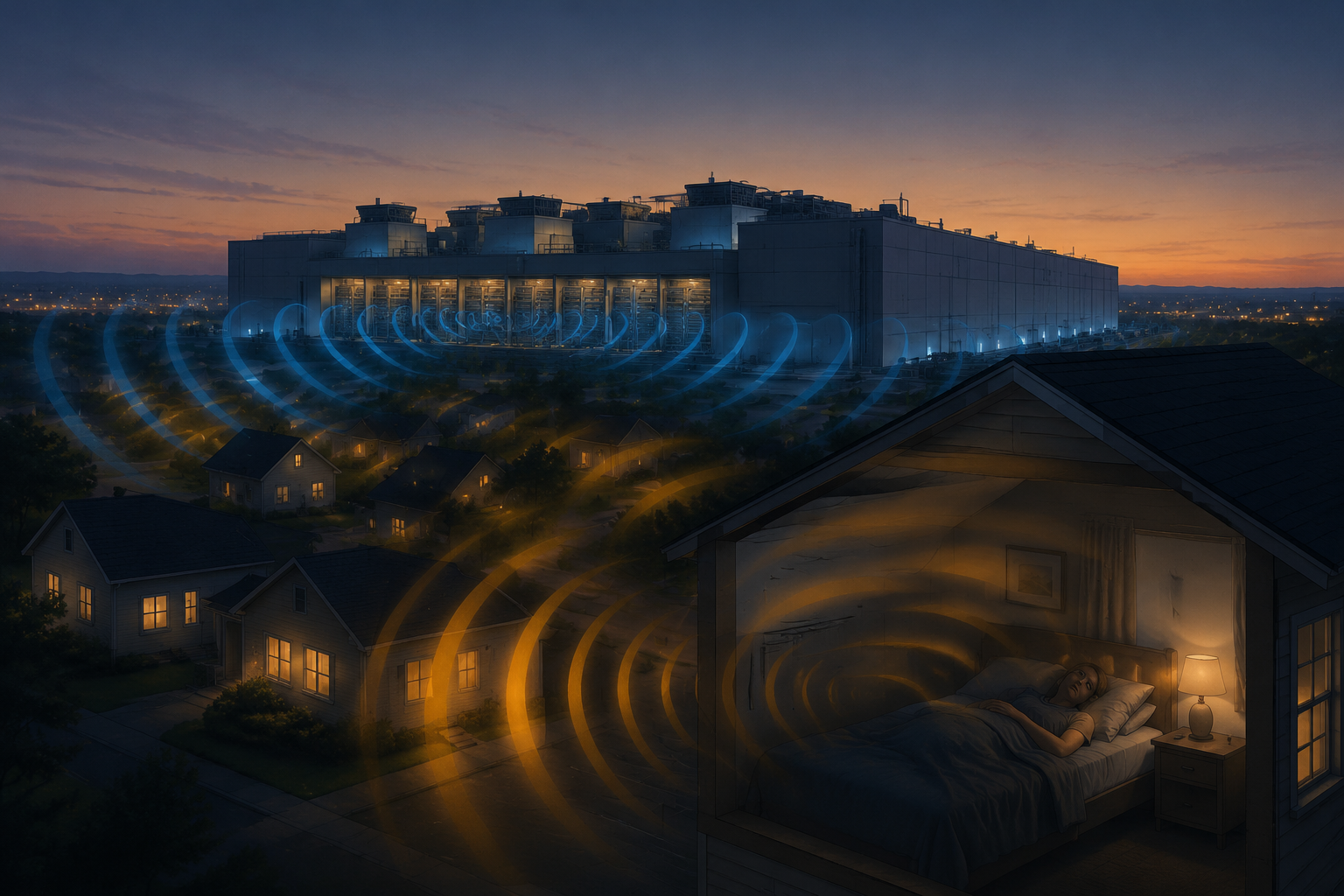 Modern data center at twilight sending low-frequency sound waves toward nearby homes while a person lies awake in bed