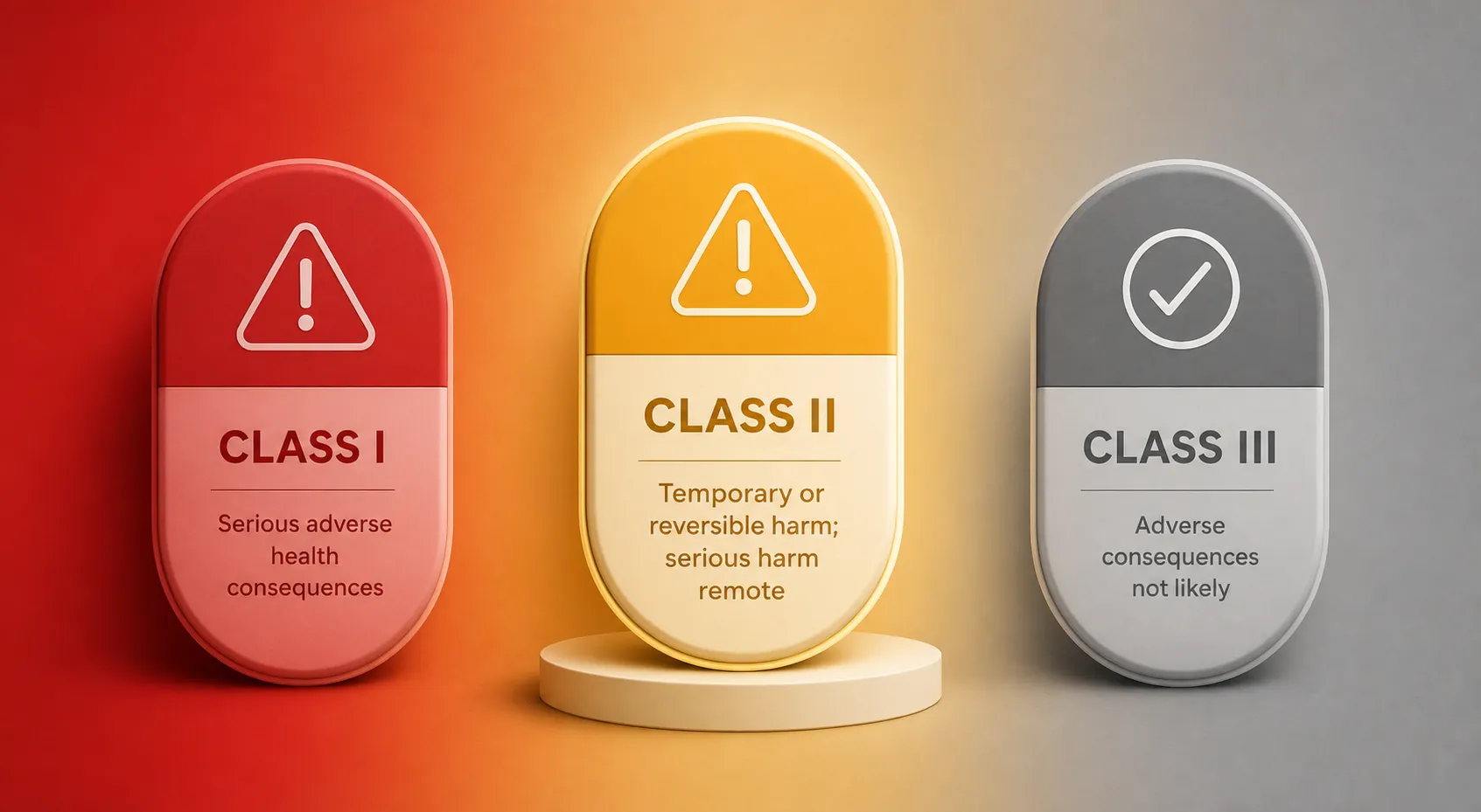 Three-tier FDA recall risk spectrum showing Class I, Class II, and Class III from higher to lower severity