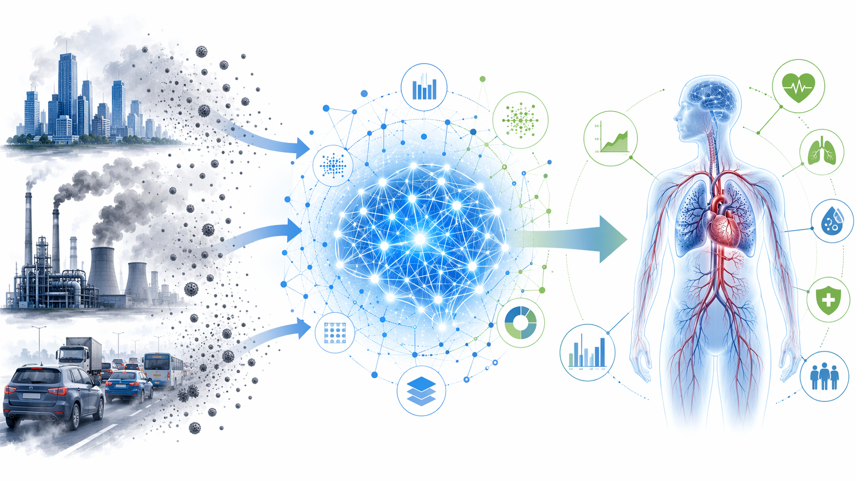 City pollution sources connected through a neural network to human lung and heart health impacts
