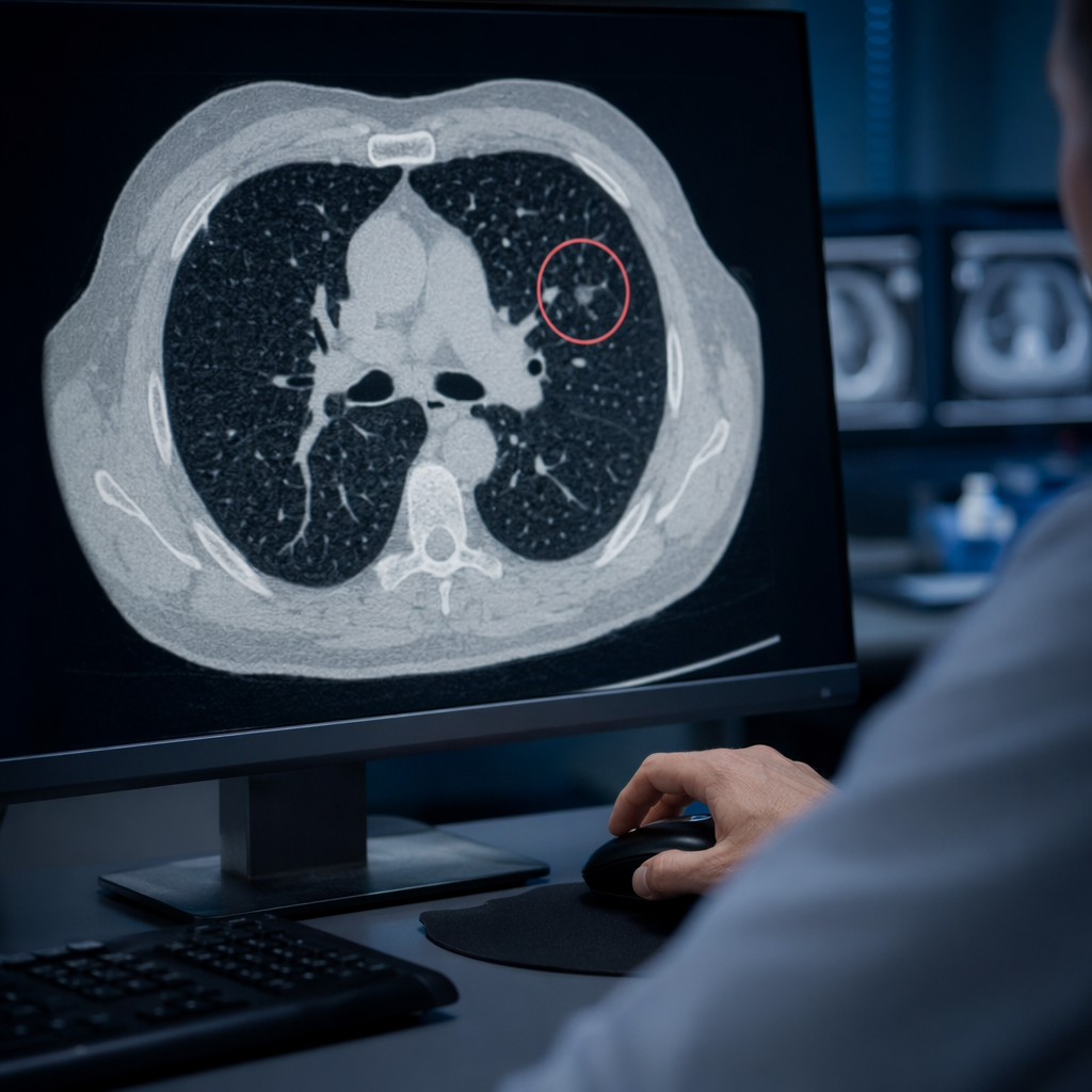 Radiologist hesitating over a CT image with a subtle false-positive AI annotation