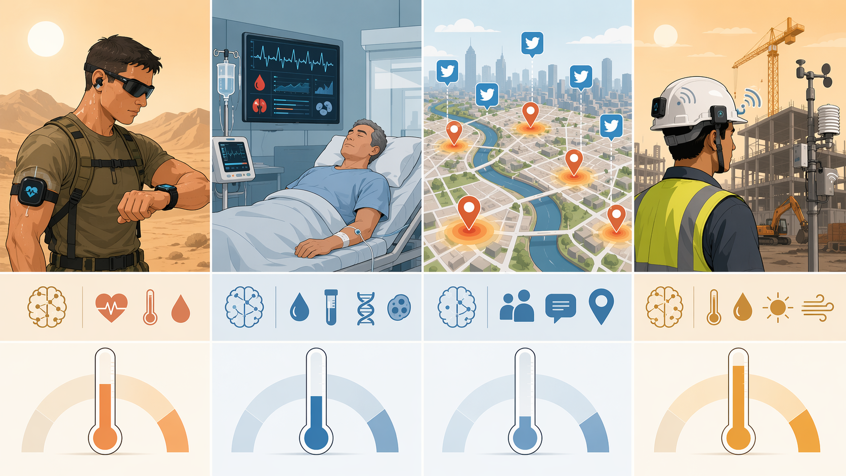 Comparison framework showing AI heat stroke approaches across individual alerts, clinical risk stratification, public-health surveillance, and occupational safety