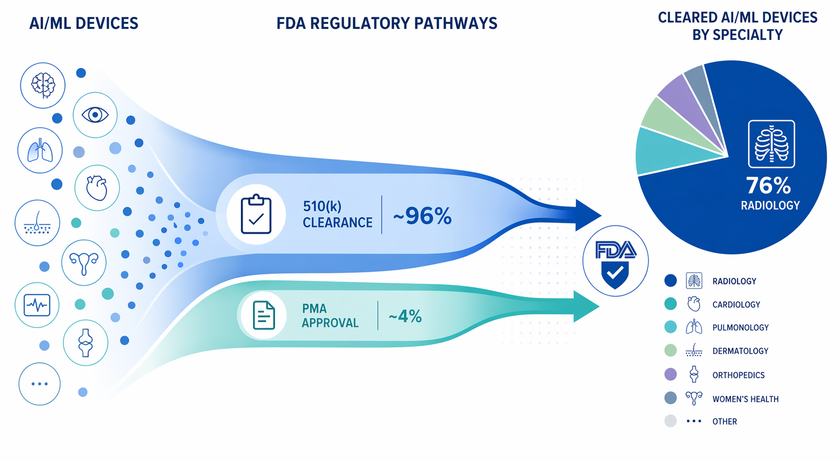 An infographic showing FDA regulatory pathways for AI medical devices, with a flow diagram depicting 510(k) as the dominant pathway and a pie chart showing radiology as the largest specialty.