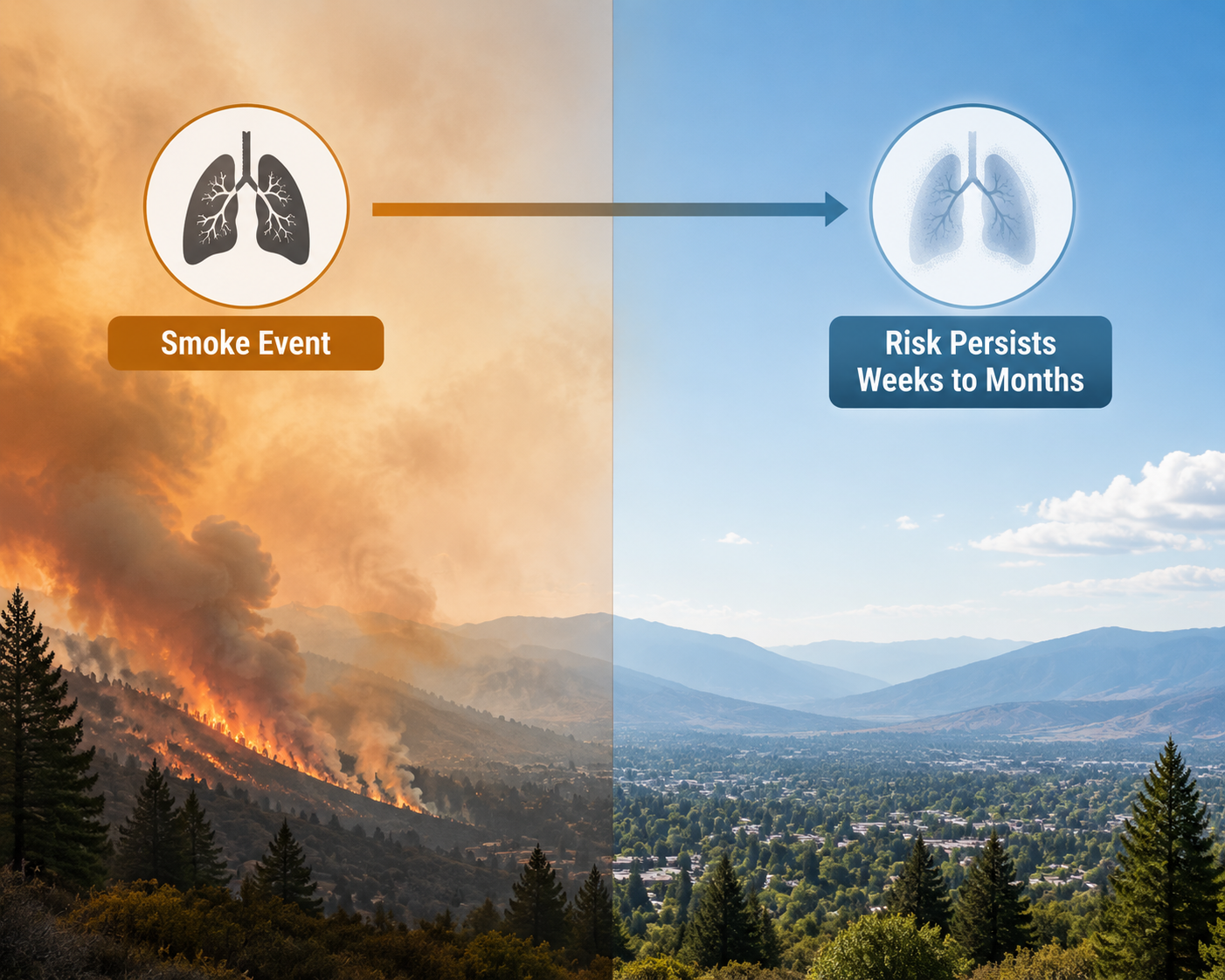 Illustration of respiratory risk persisting after a visible wildfire smoke event has cleared