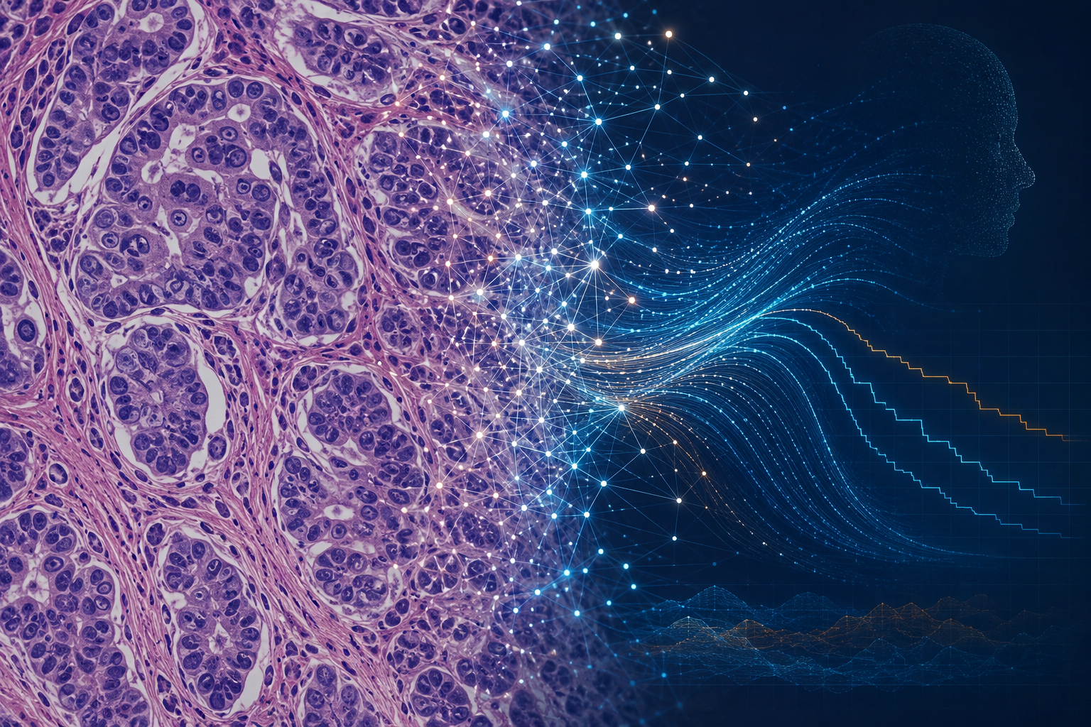 Pathology slide with digital data streams, neural network lines, and survival curve visualizations suggesting AI extraction of prognostic signals