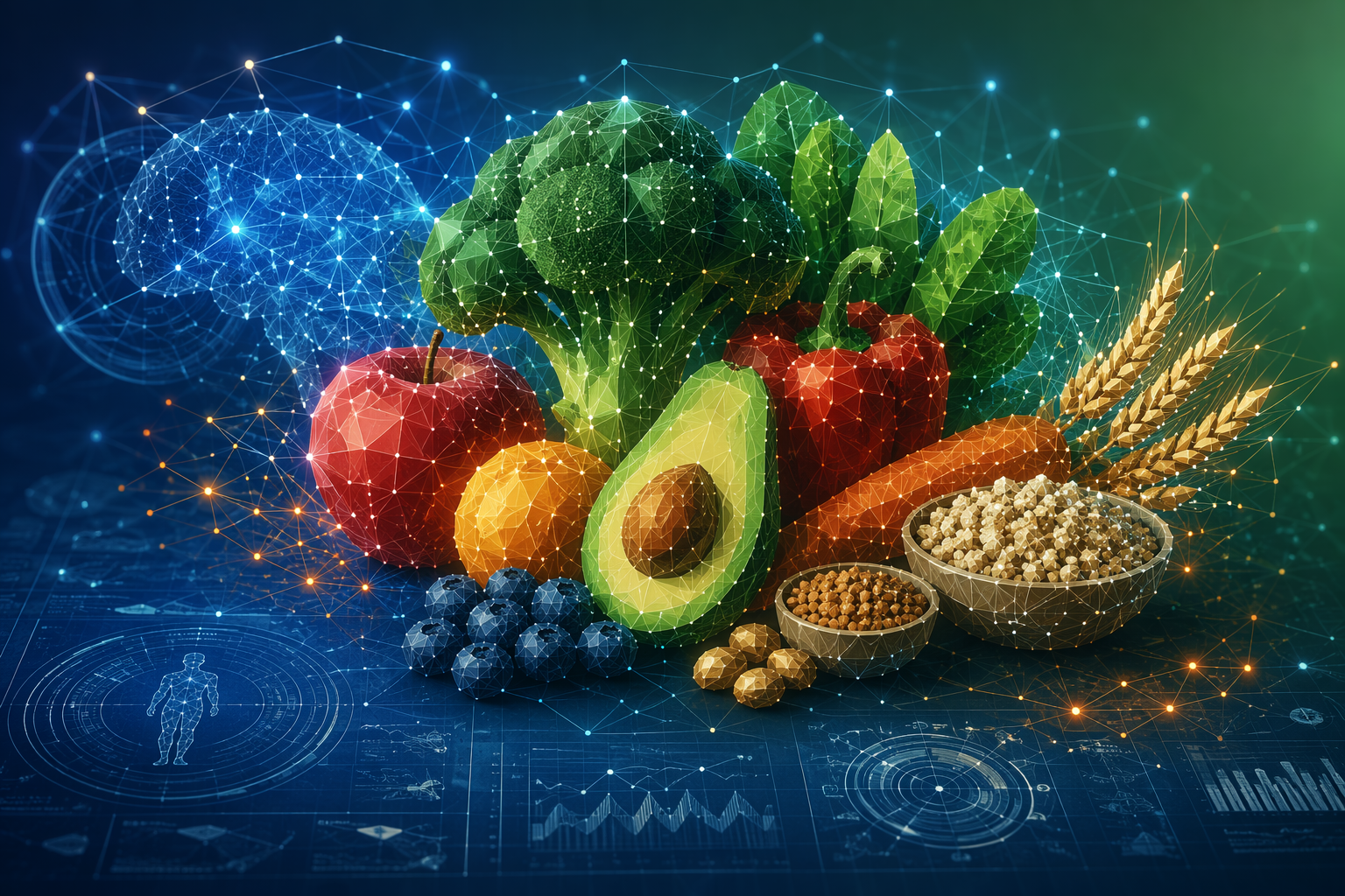 Abstract composition of foods represented as connected data points over a clinical diagram background