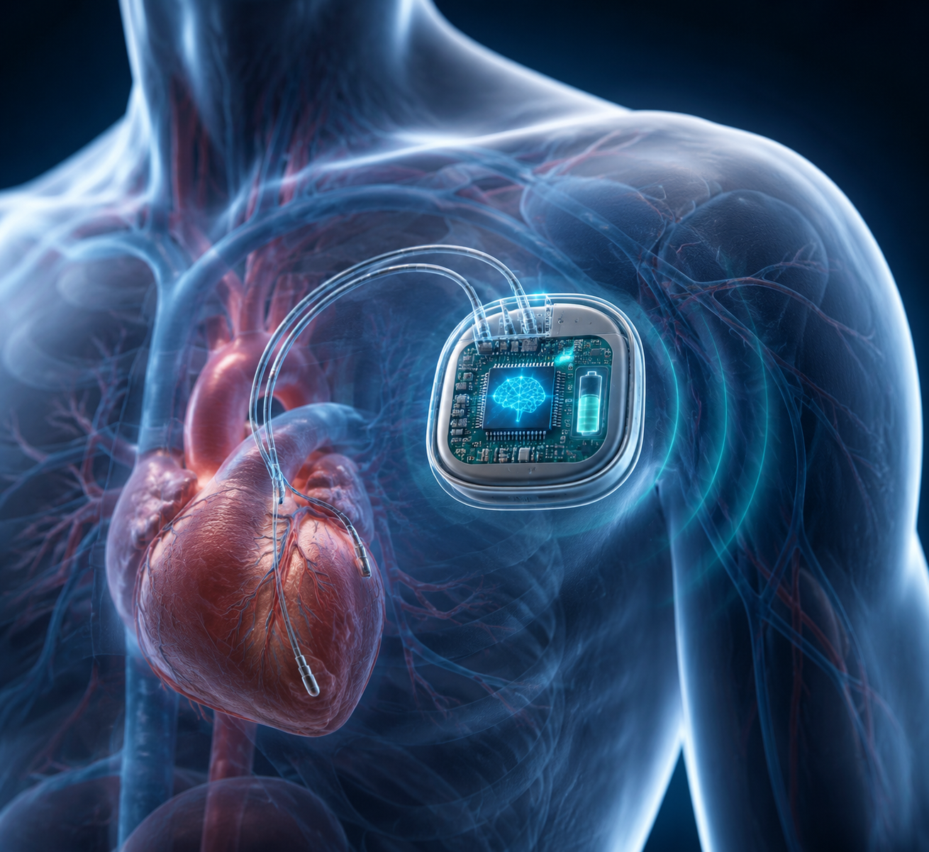 Implantable medical device with an internal AI processor near the heart