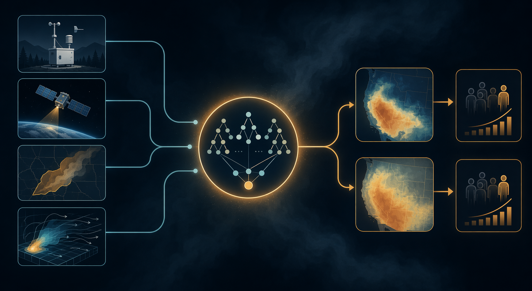 Workflow diagram showing monitors, satellites, smoke plume polygons, and chemical transport models feeding machine learning exposure estimates and mortality analysis