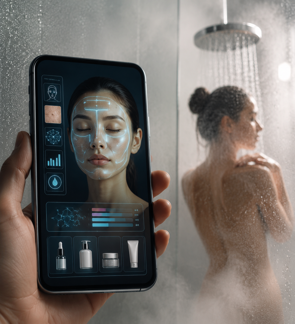 Smartphone showing an AI skin analysis interface with product recommendations surrounded by steam and water droplets