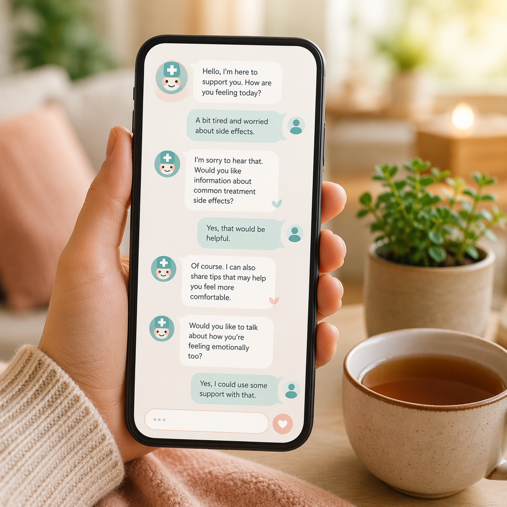 Hand holding a smartphone with a chatbot interface beside a teacup and plant.