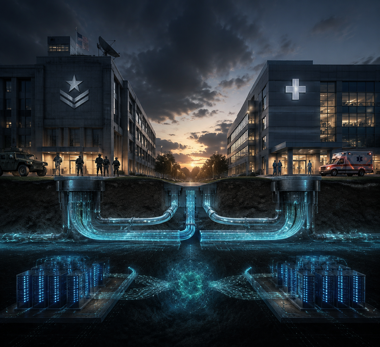 Defense and healthcare buildings connected by glowing underground data infrastructure