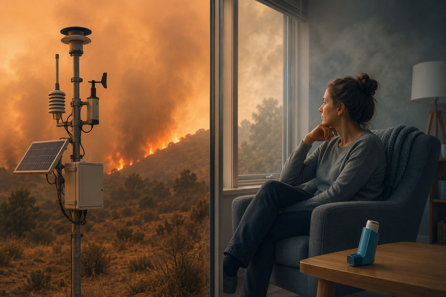 Smoky wildfire landscape with an outdoor air quality monitor transitioning to an indoor room with faint smoke haze and a rescue inhaler on a table