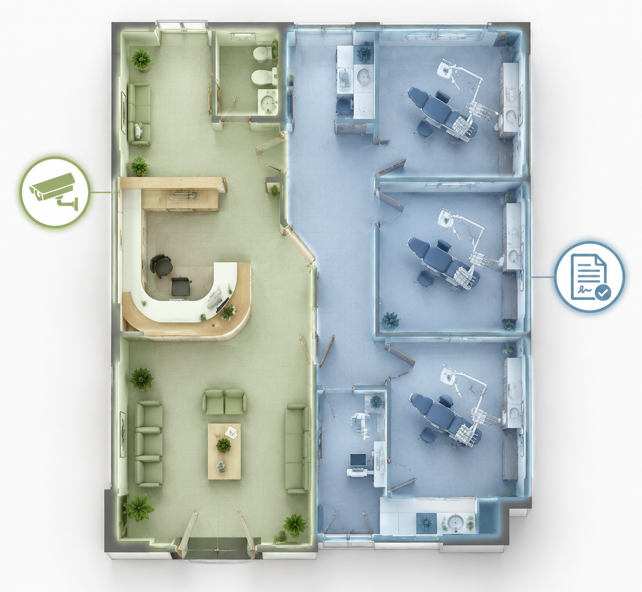 Dental office floor plan showing lower-risk common areas and higher-privacy treatment operatories